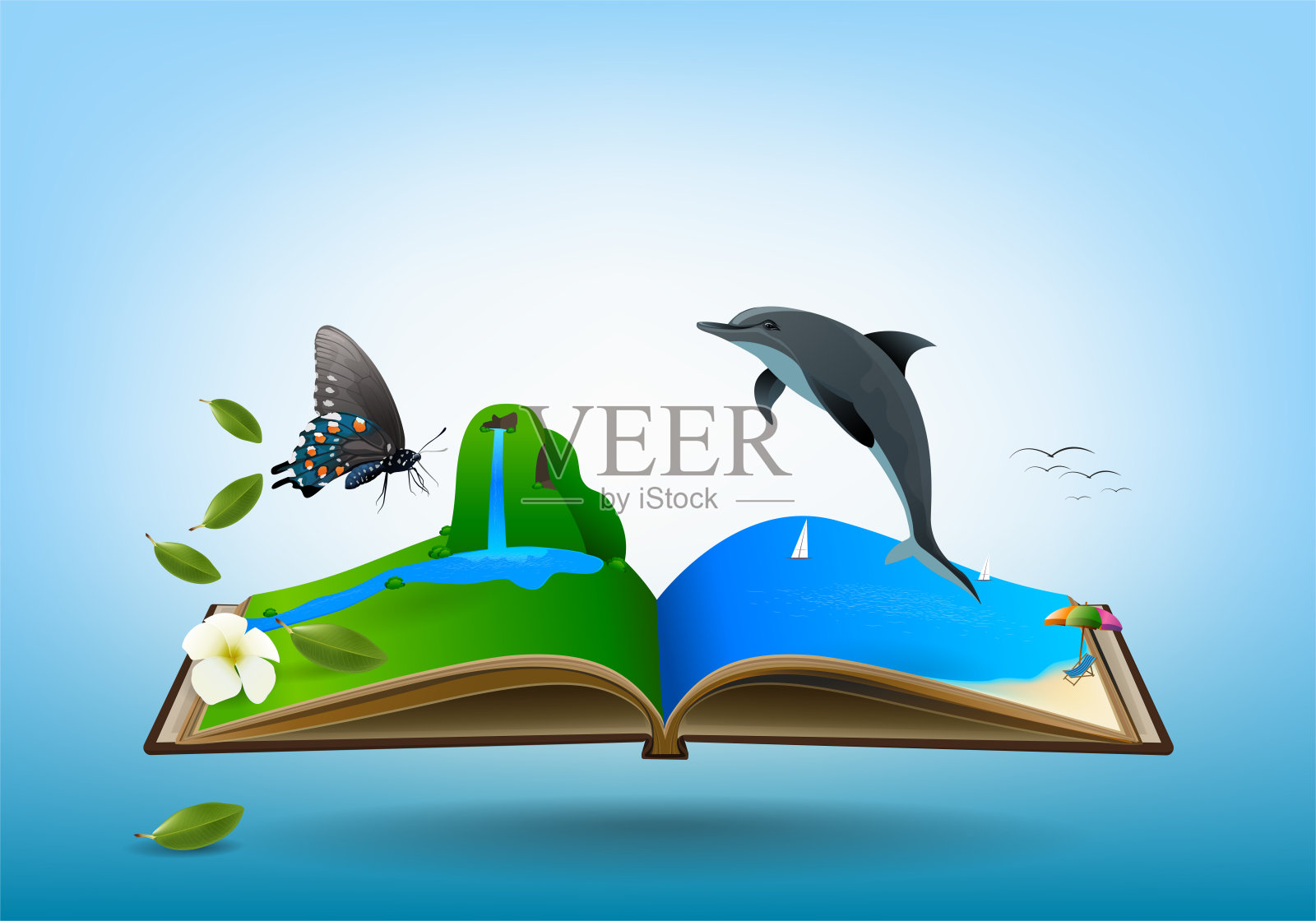 翻开旅游书，山间草甸，瀑布，蝴蝶，小溪和海滩。在蓝色的天空背景，矢量插图。插画图片素材