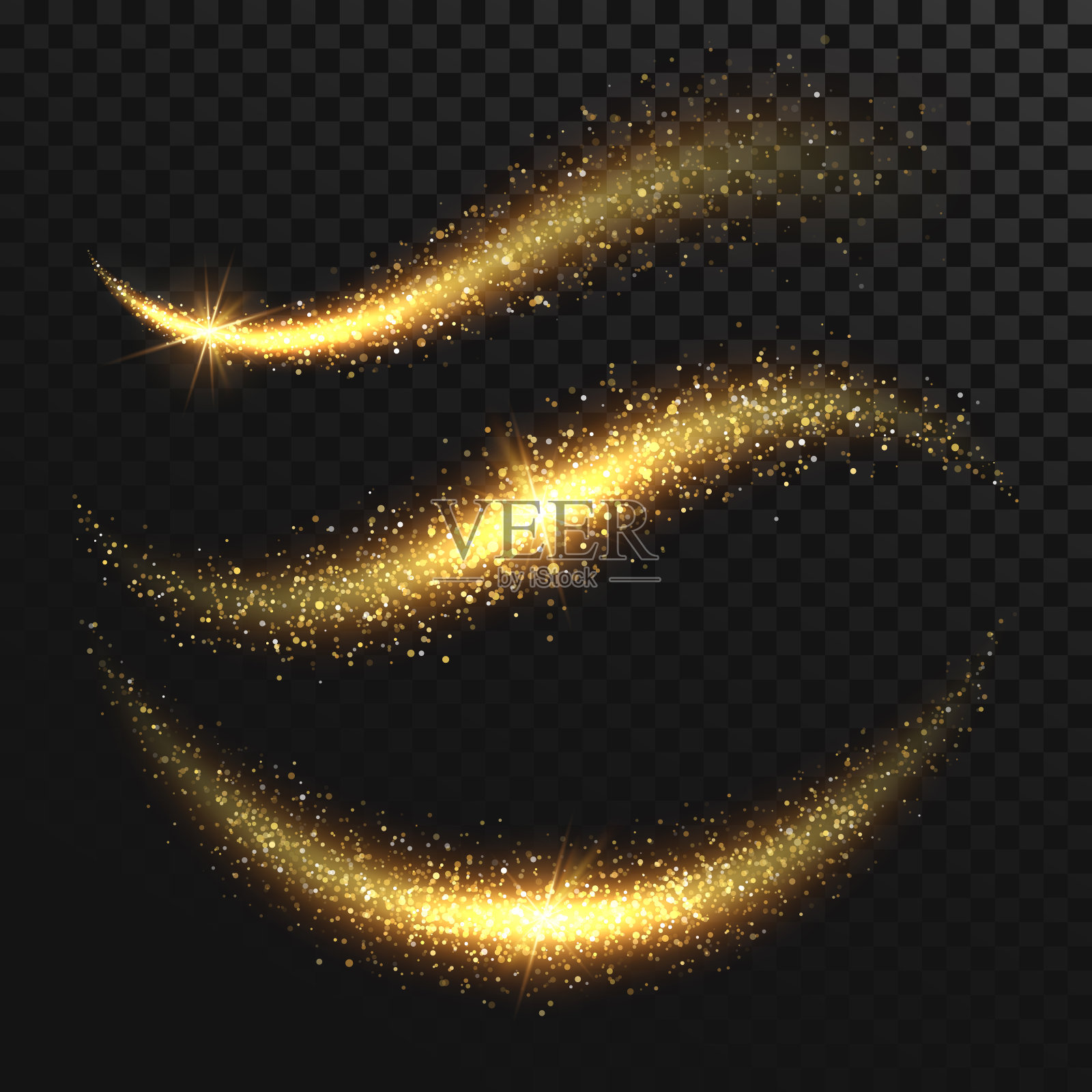 星尘。金色闪烁的魔法矢量波与金色粒子隔离在黑色的背景设计元素图片