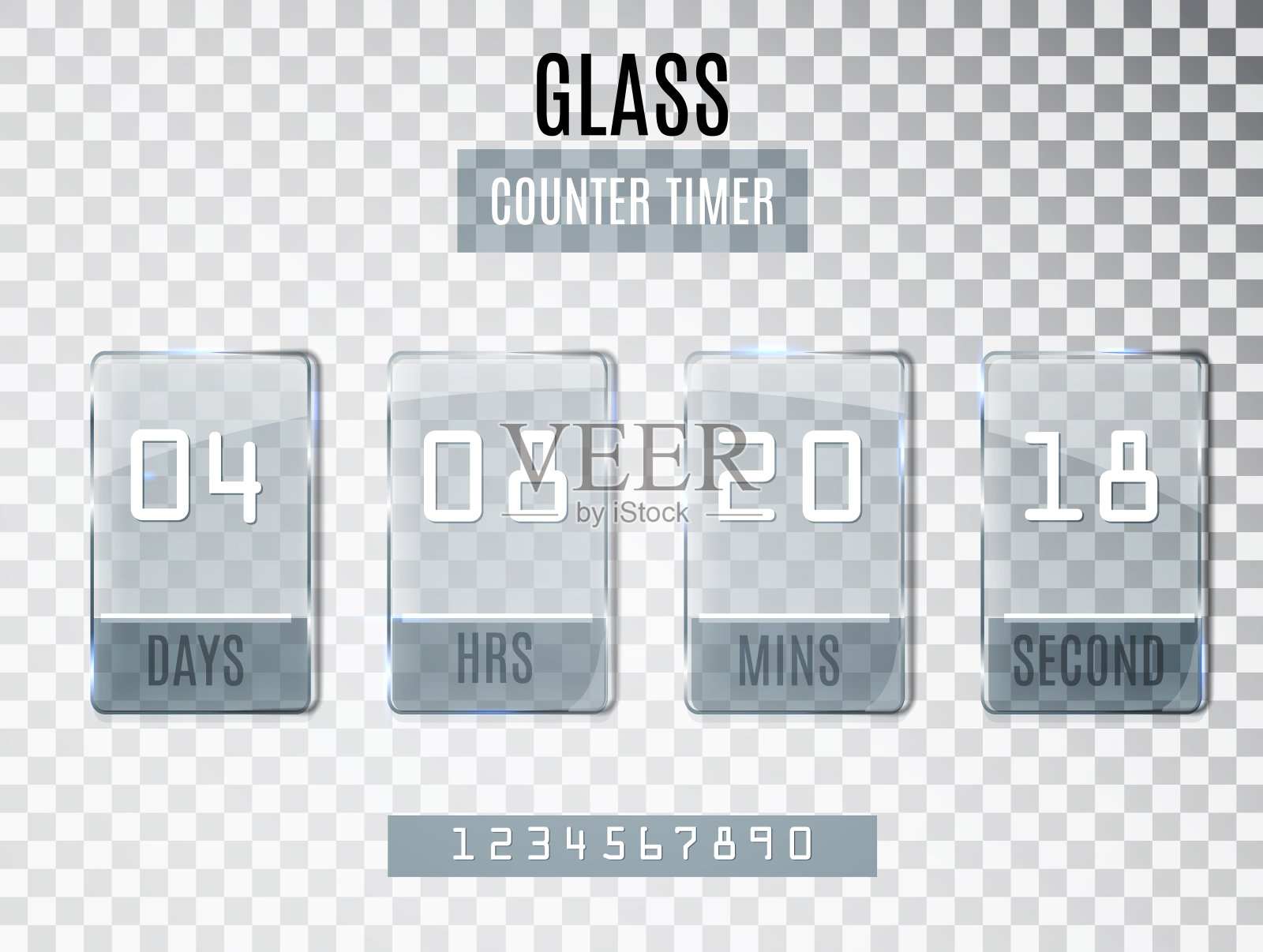 玻璃计数器定时器隔离在透明的背景。折扣和促销的开始和结束日期模板。时钟计数器。插画图片素材