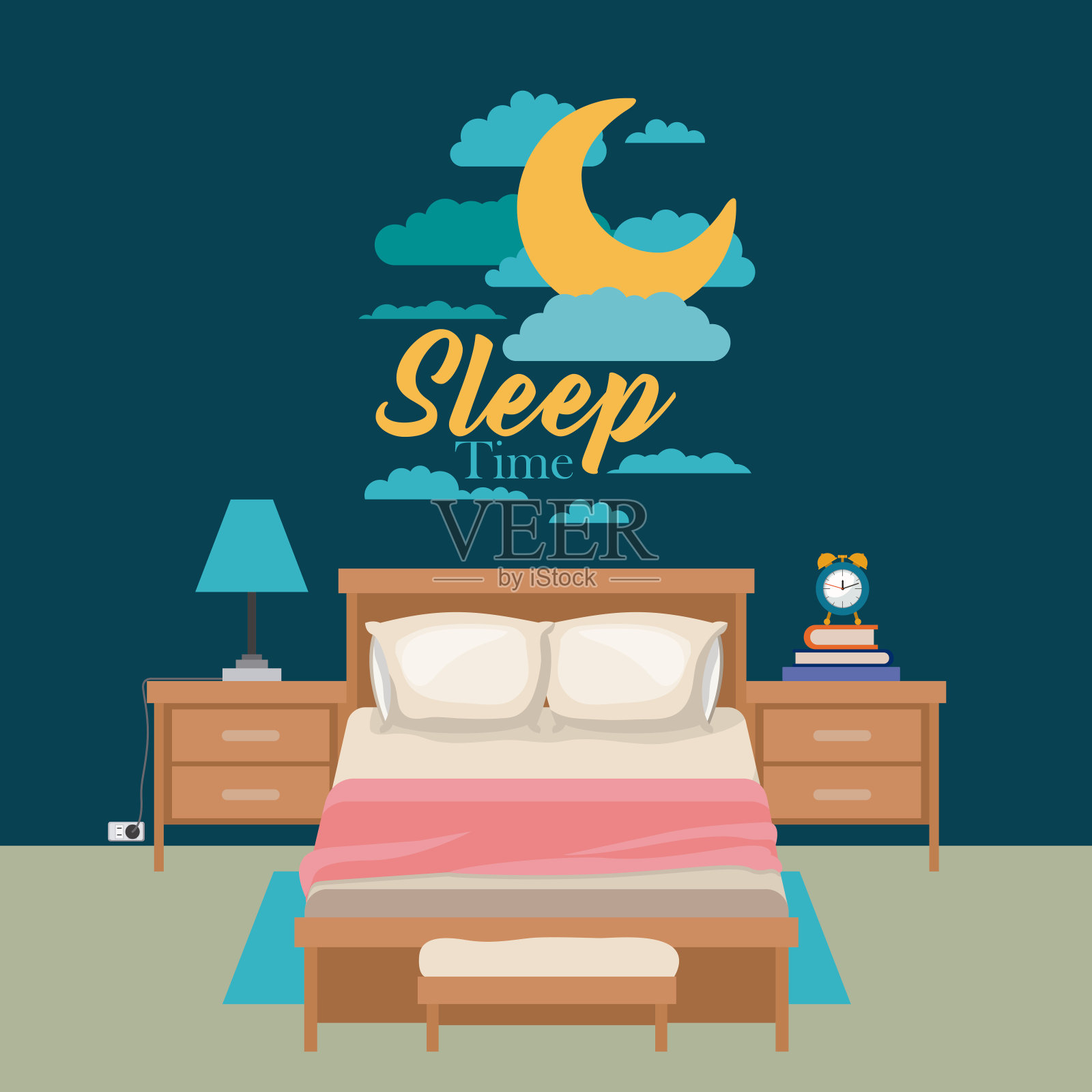 彩色海报场景夜晚景观可爱的卧室睡眠时间插画图片素材