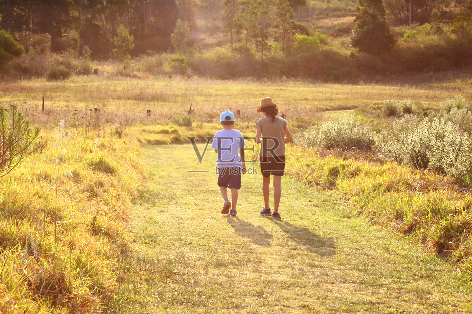 哥哥和妹妹走在乡间的小路上照片摄影图片