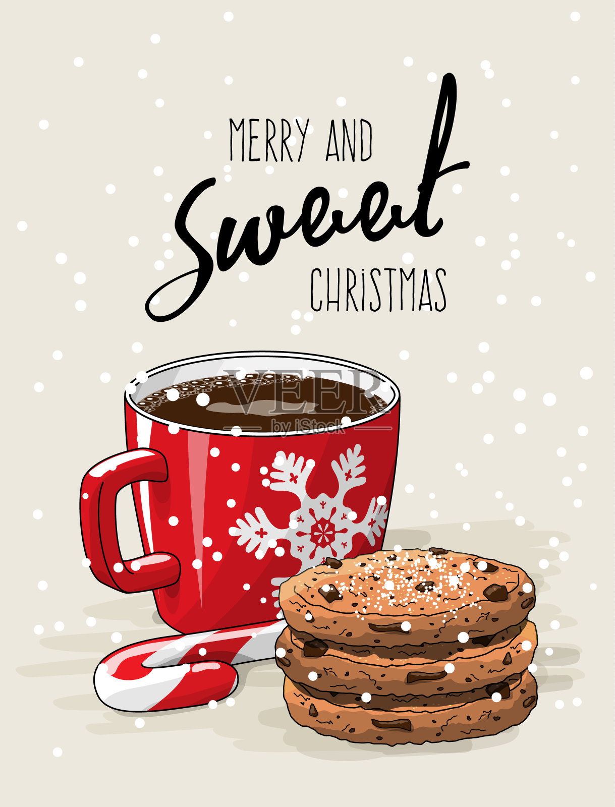 圣诞主题，红咖啡配红丝带和一堆饼干拐杖糖，插图插画图片素材