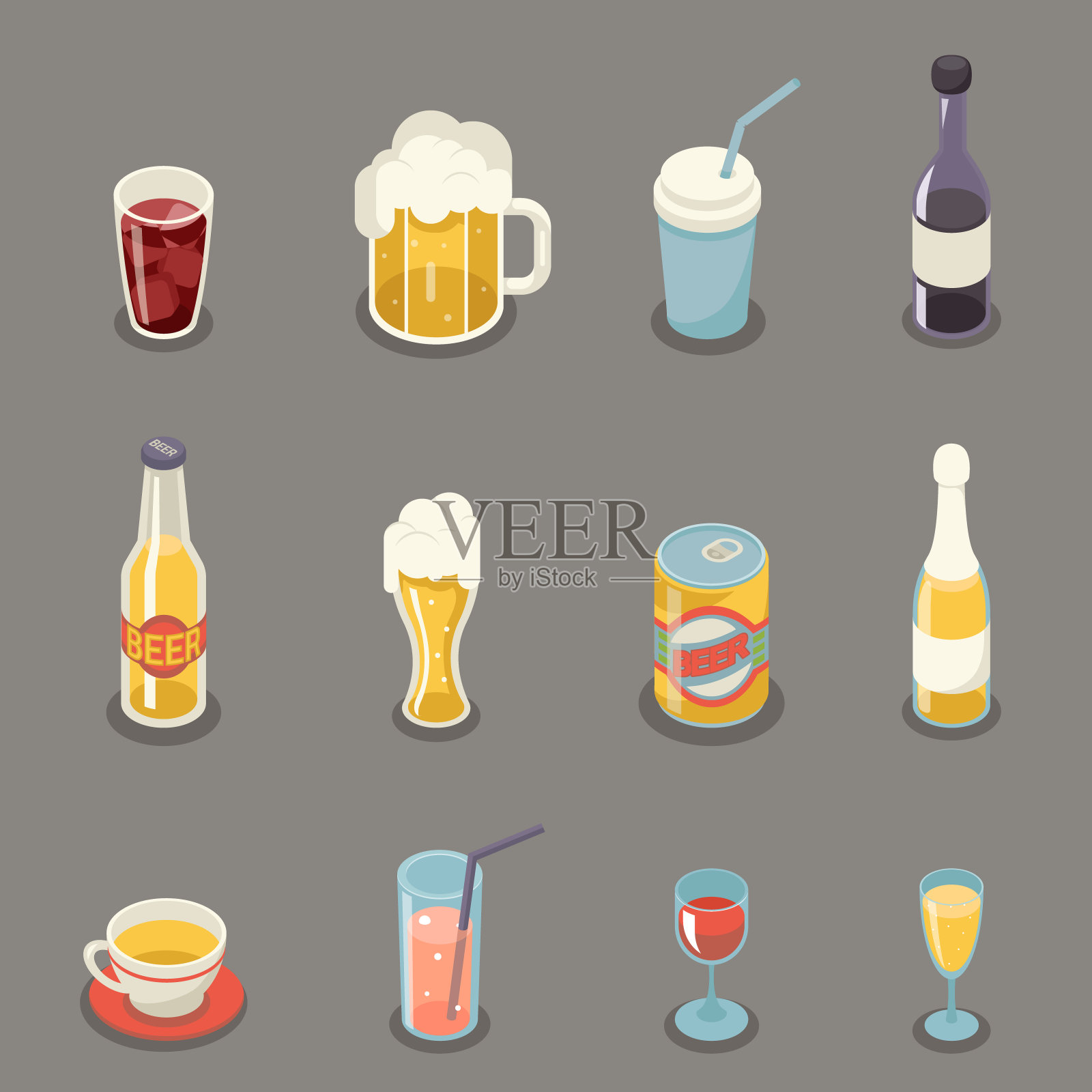 等距复古平面酒精，啤酒，果汁，茶，葡萄酒，饮料图标和符号设置矢量插图图标素材