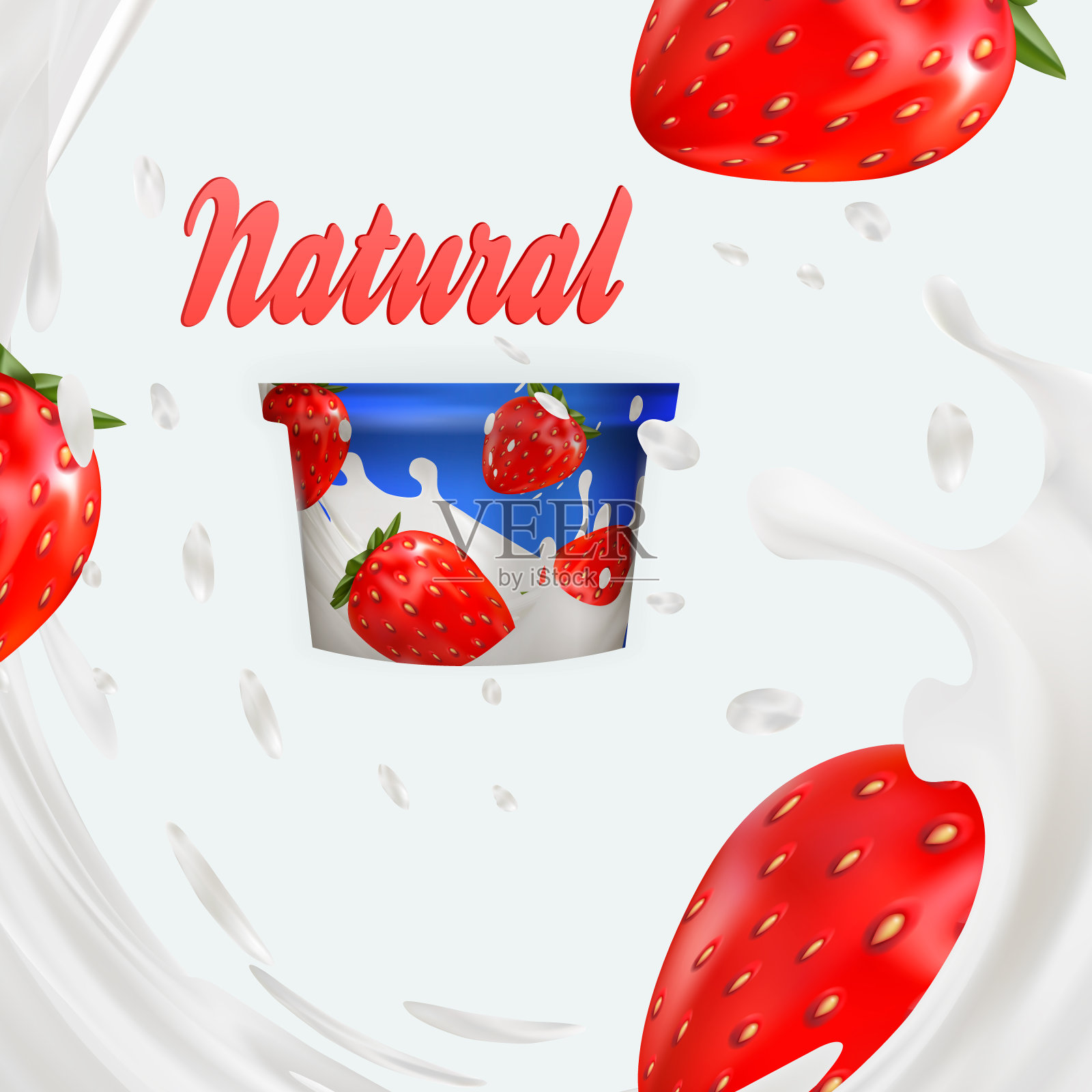 牛奶广告或3d草莓酸奶风味推广。牛奶飞溅与水果隔离白色。即食燕麦片广告，开放式背景，3d插图插画图片素材