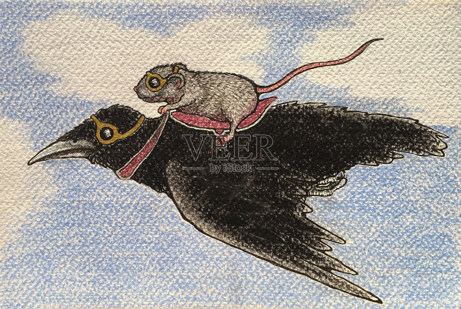 老鼠骑着乌鸦穿过天空插画图片素材