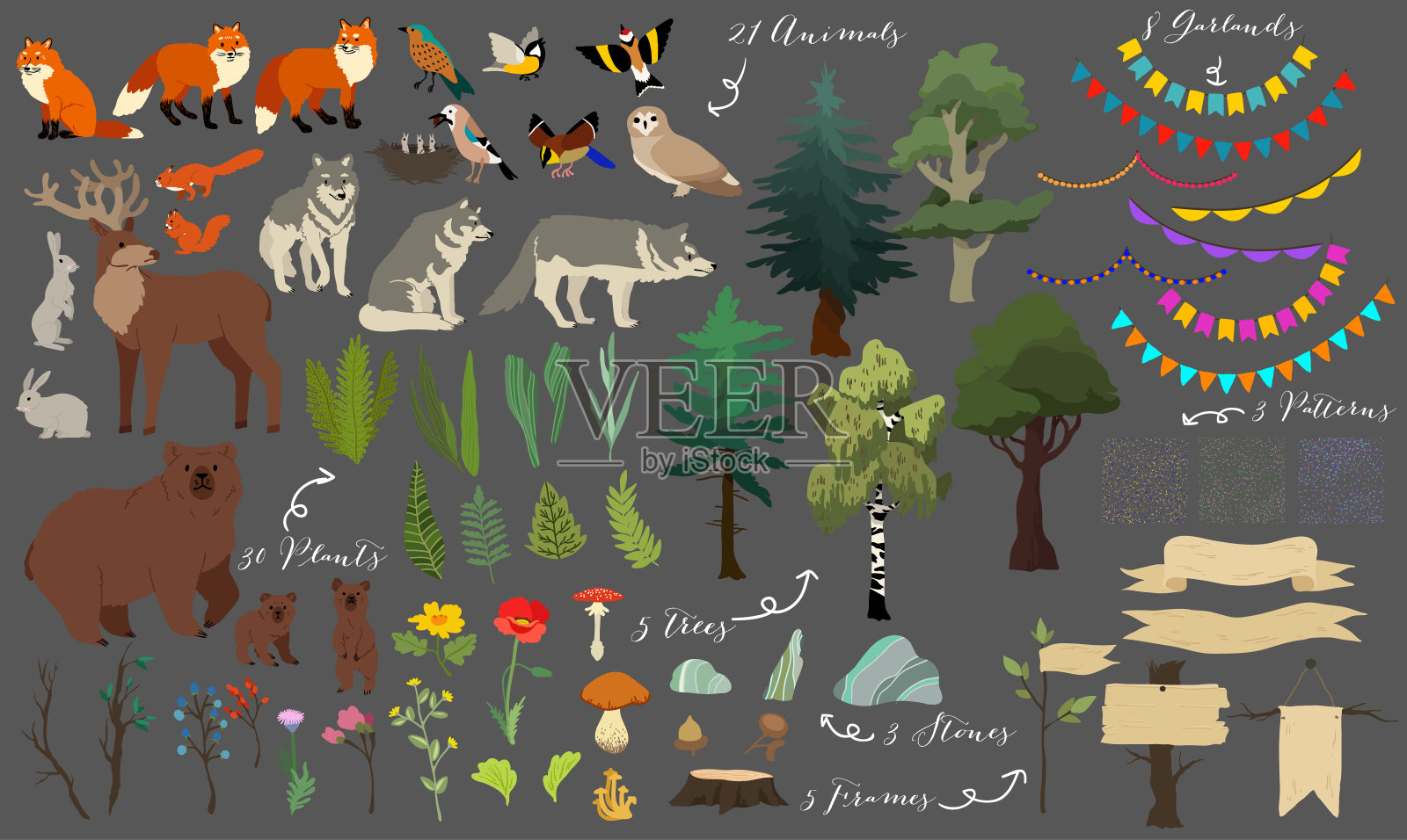 一套可爱的森林元素-动物，树木和其他。矢量装饰可爱的插图设计插画图片素材