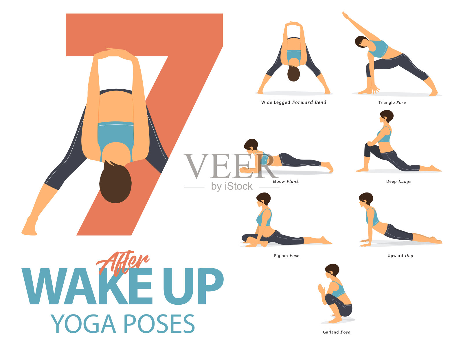 瑜伽在平面设计中醒来后锻炼的姿势。女人在蓝色运动服和黑色瑜伽裤锻炼。向量插画图片素材