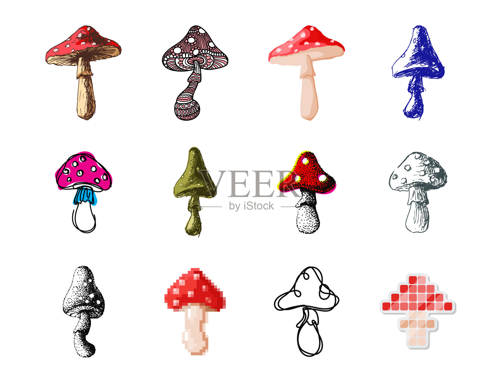 鹅膏蝇木耳伞菌不同艺术风格的蘑菇设计矢量插图红帽子插画图片素材