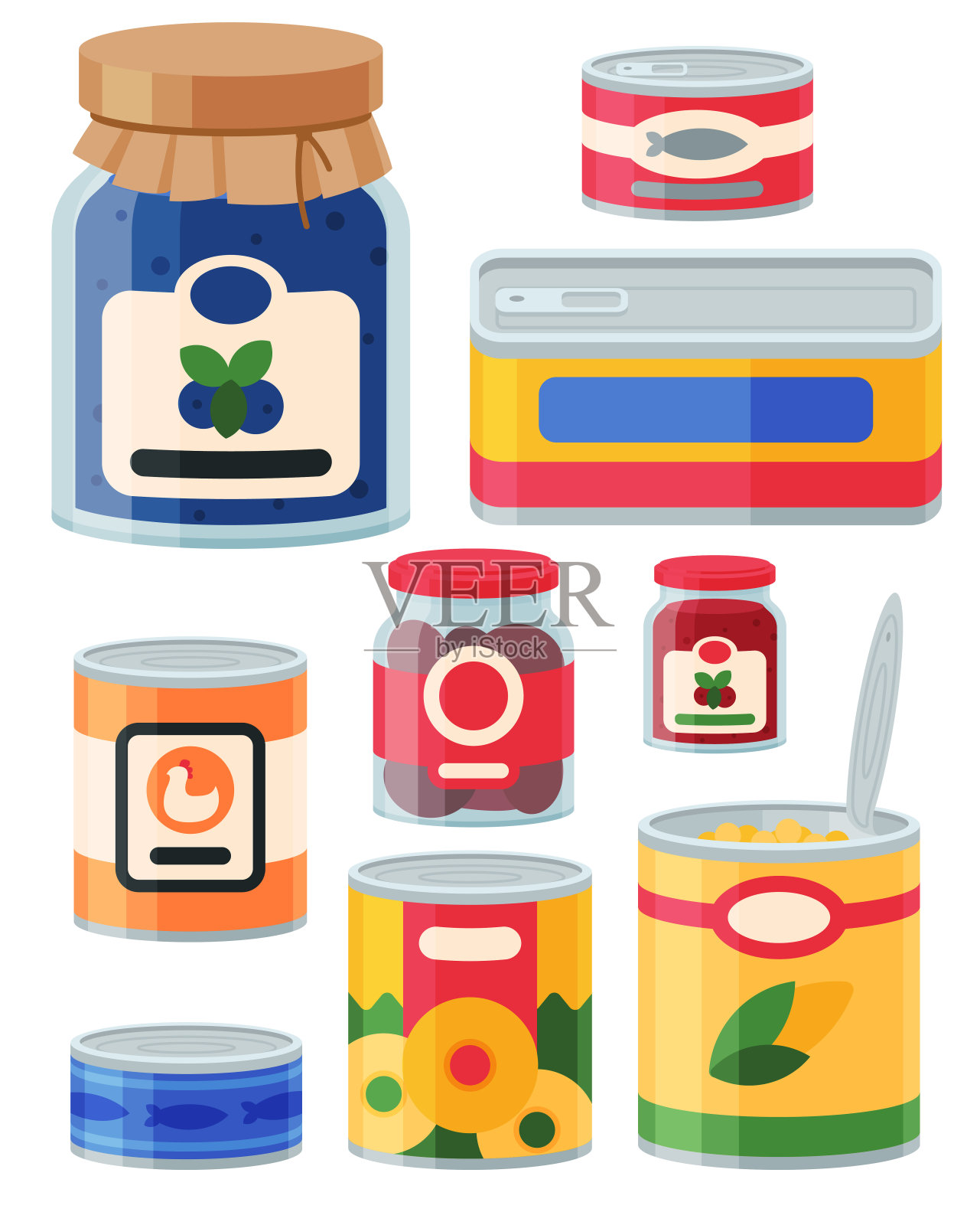 收集各种罐头、罐头、食品、金属和玻璃容器矢量插图设计元素图片