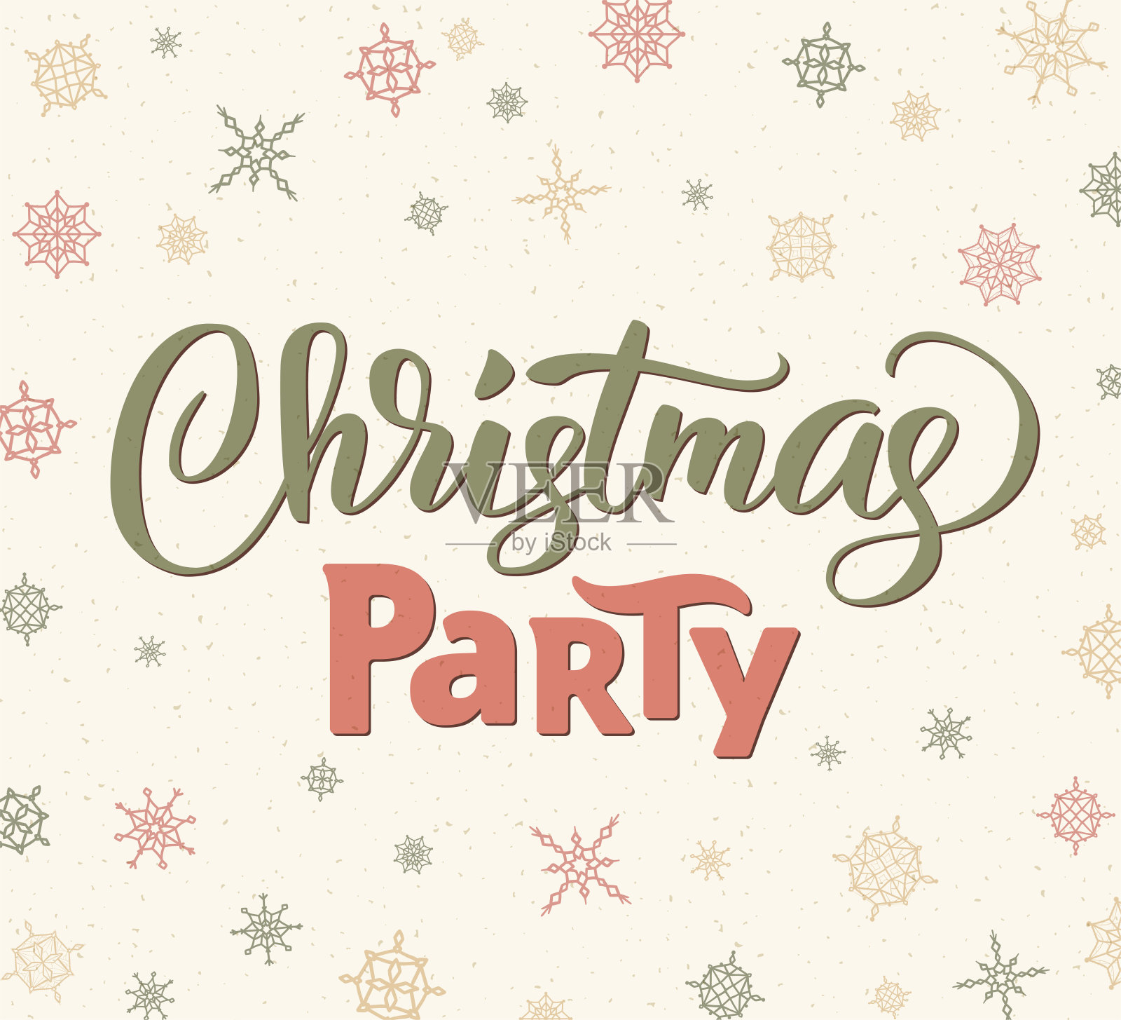 圣诞派对海报模板，矢量插图。手写字体，排版。背景与飘落的雪花设计模板素材