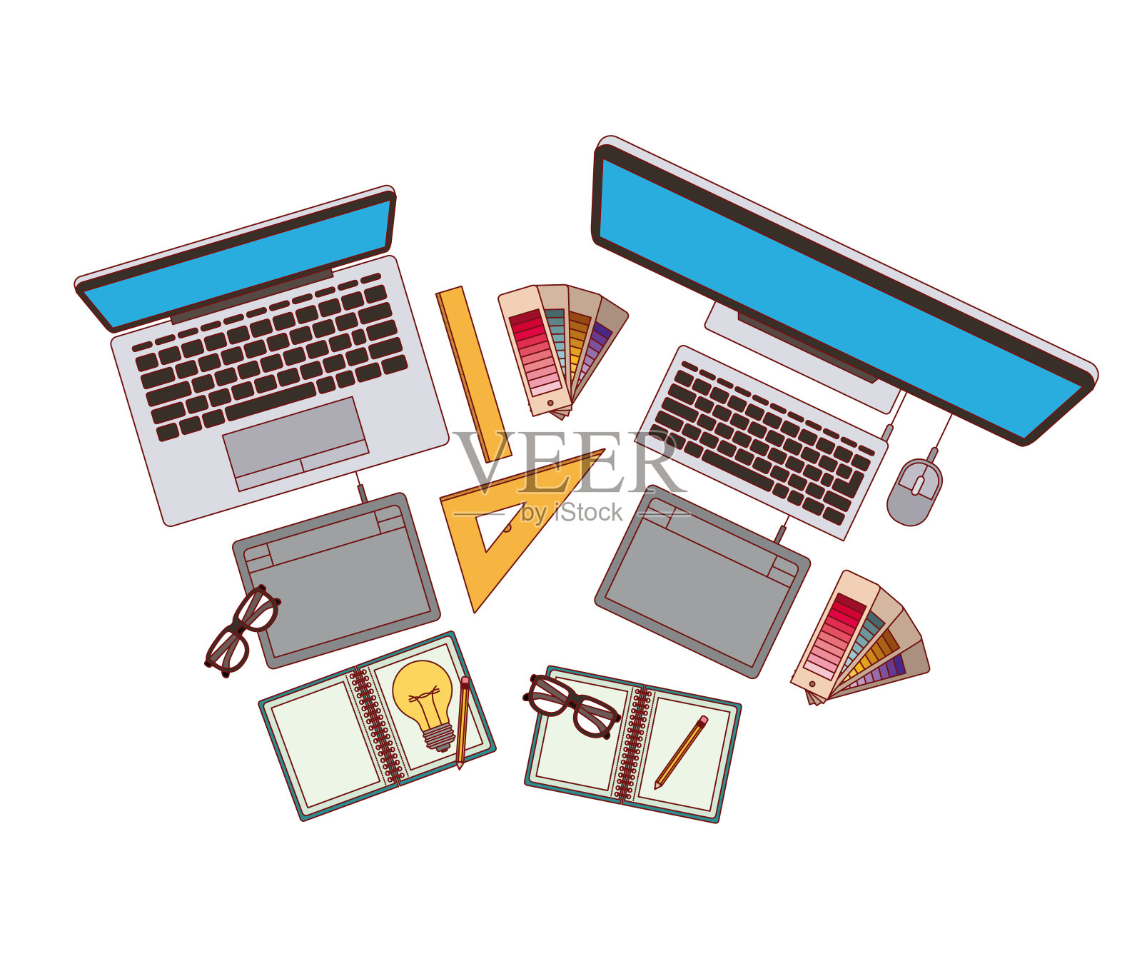 设置电脑和笔记本电脑的元素图形设计在白色的背景插画图片素材