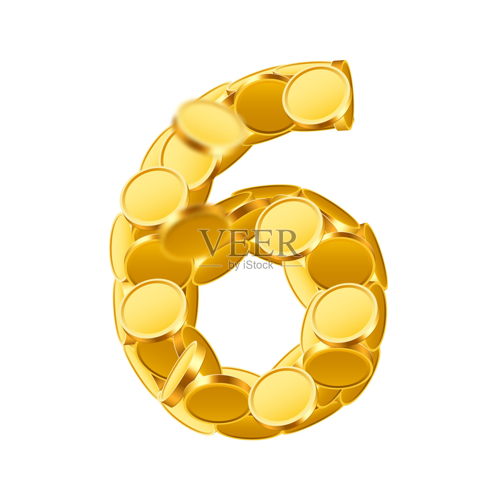向量字体风格的黄金硬币。硬币的数字。6号。六。插画图片素材
