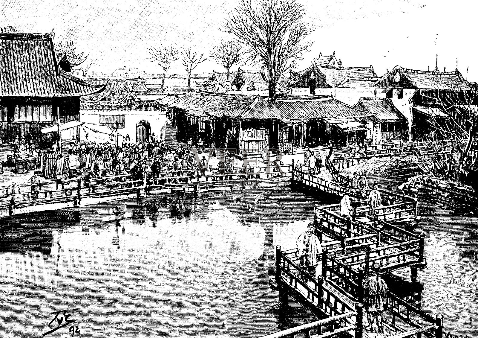 19世纪的文章插图描绘了一座中国的九曲桥;;1893插画图片素材