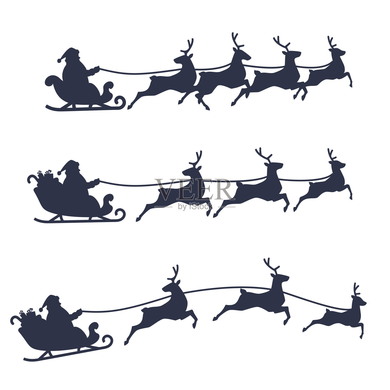 圣诞老人的雪橇和驯鹿设置，黑白矢量插图。插画图片素材