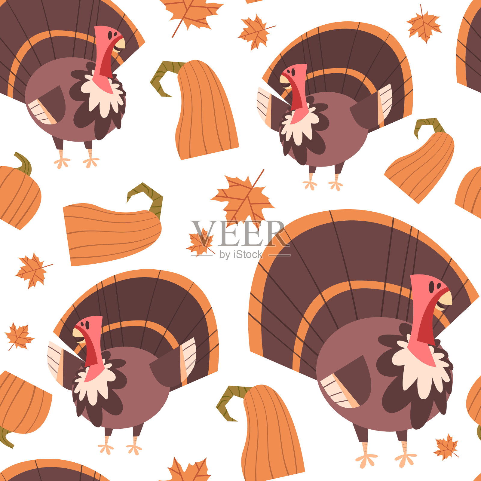 秋季无缝模式快乐感恩节概念传统节日装饰与火鸡插画图片素材