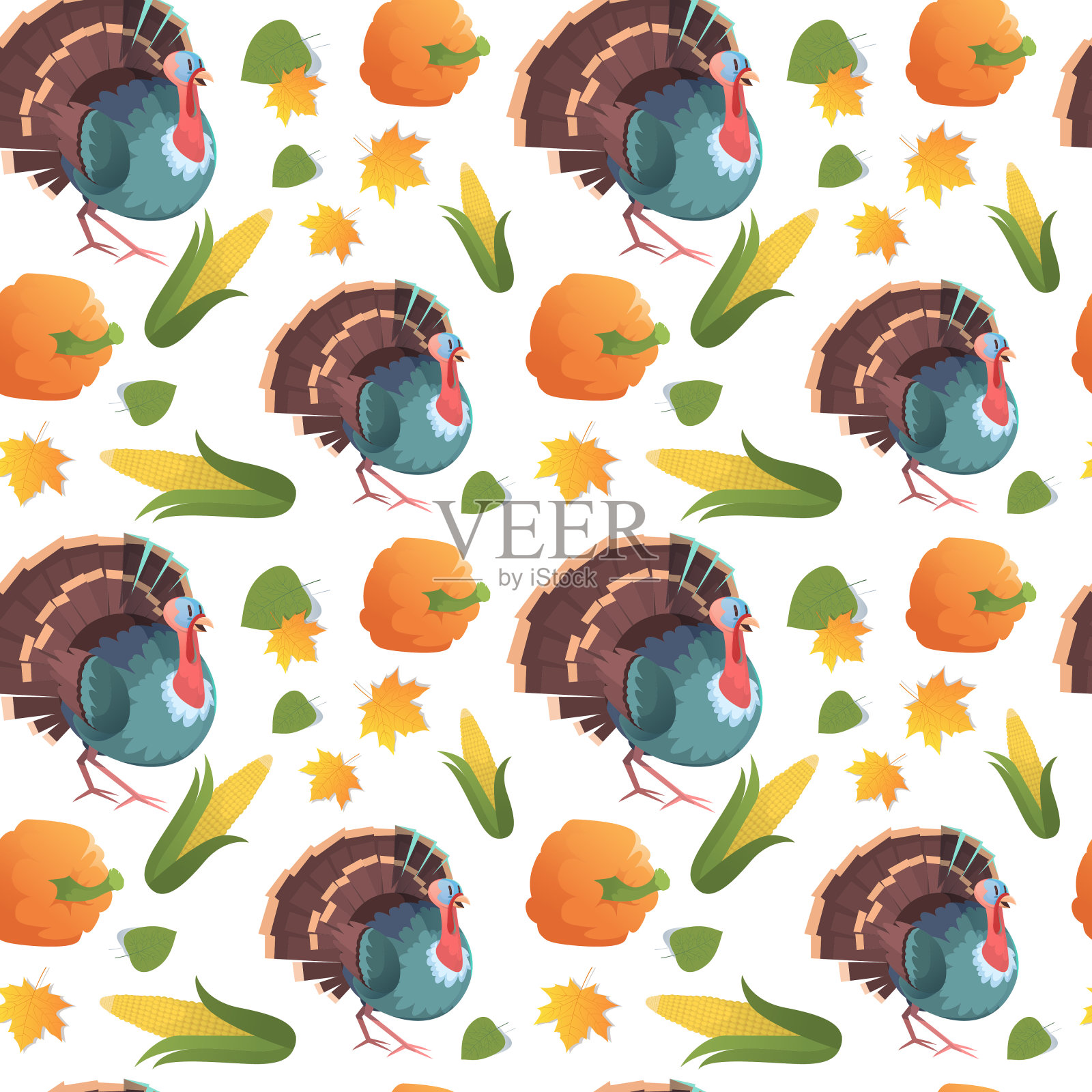 秋季无缝模式快乐感恩节概念传统节日装饰与火鸡插画图片素材