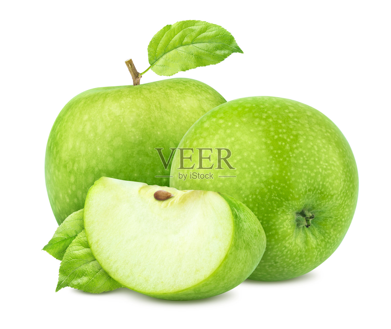 绿苹果，叶子孤立在白色背景上照片摄影图片