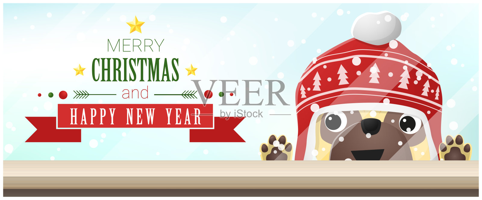 圣诞快乐和新年快乐的背景与狗看空桌面，矢量，插图插画图片素材