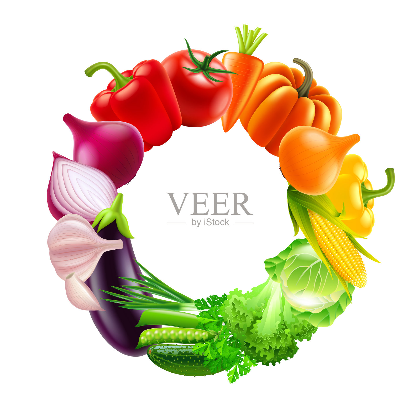 蔬菜在圆圈彩虹颜色矢量背景设计元素图片