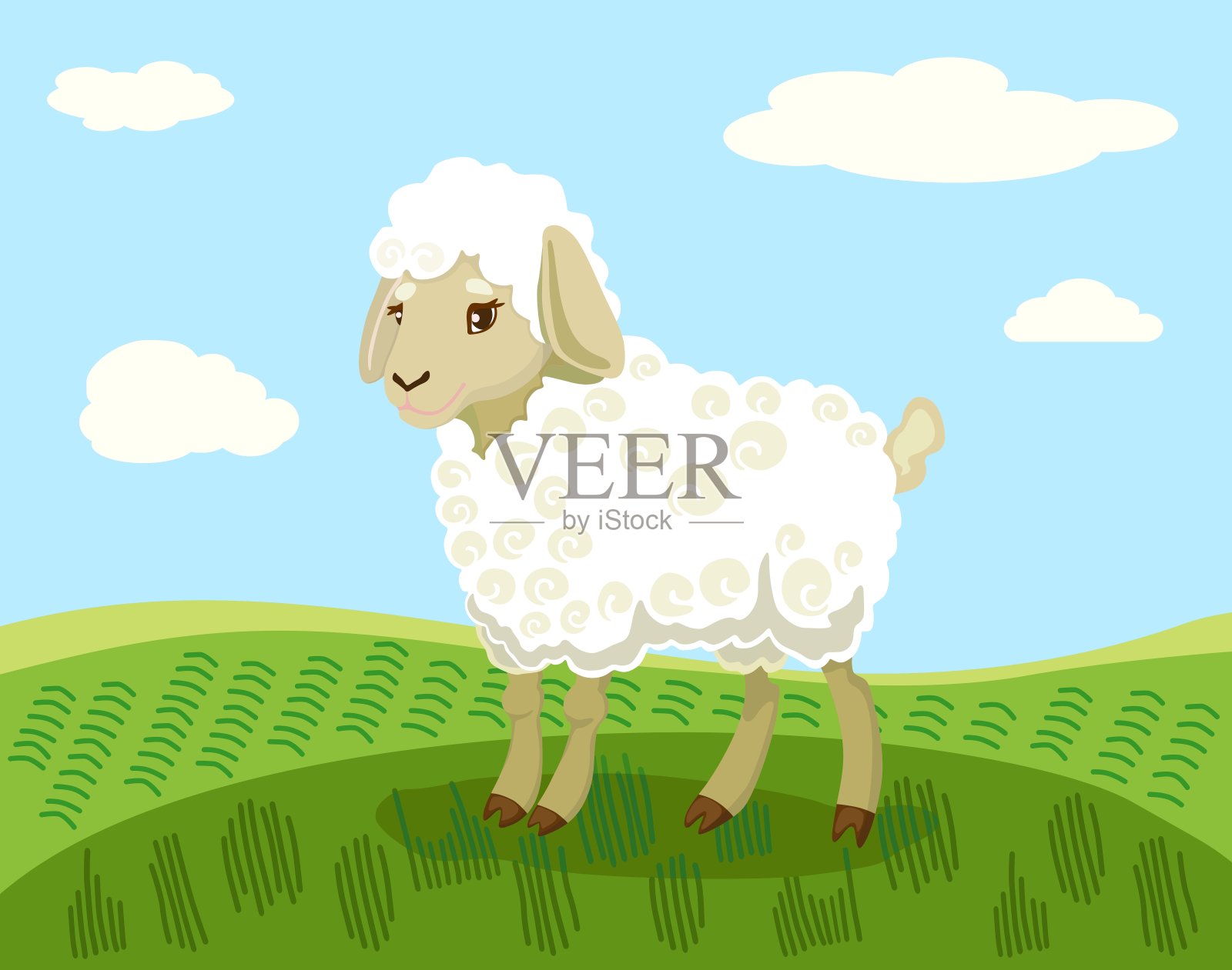 绿色的田野上画着白色的羔羊。矢量插图。插画图片素材
