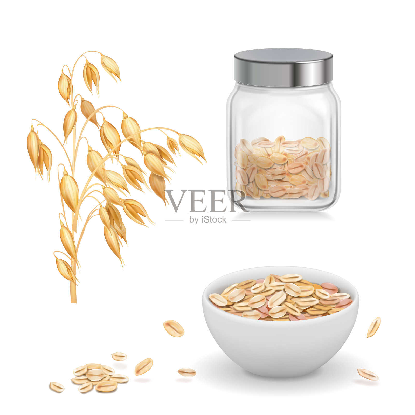 燕麦片，玻璃燕麦片。麦片和麦片粥在白色碗现实的矢量图标设计元素图片