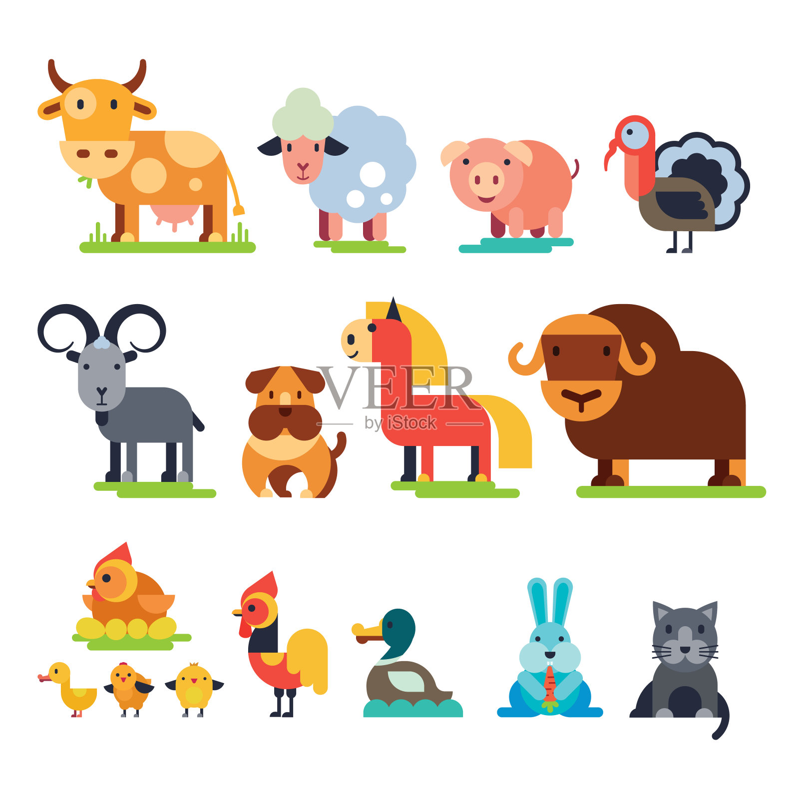 农场动物载体设置家畜养殖人物牛和羊，猪，火鸡，狗，马和猫农民动物插图孤立在白色的背景设计元素图片