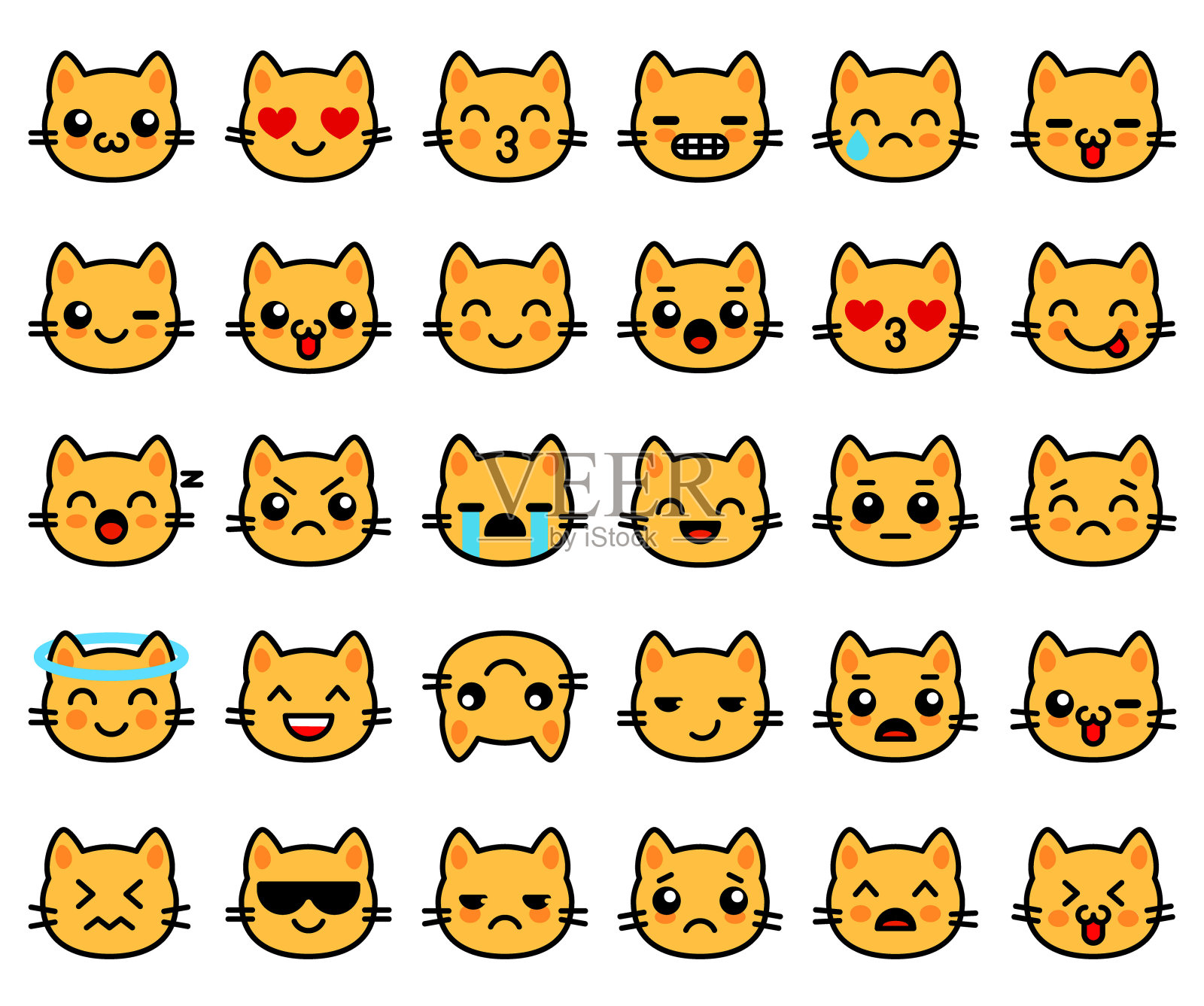 黄色猫咪的表情收藏。Emoji聊天。向量插图设置猫的脸在线风格设计元素图片