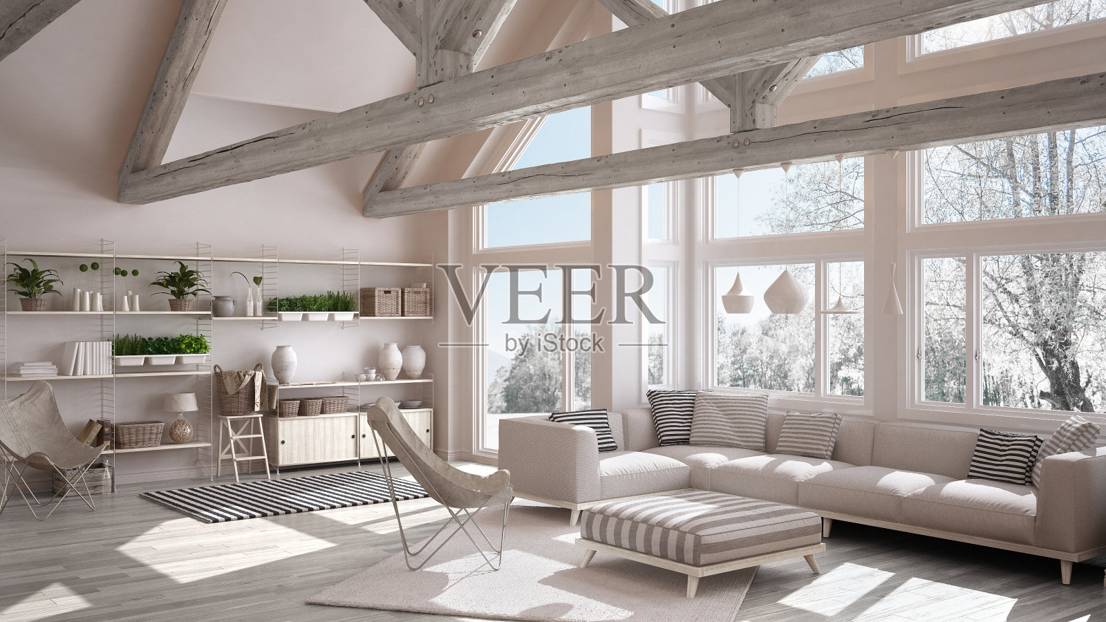 豪华生态住宅的客厅，拼花地板和木质屋顶桁架，冬季草地全景窗，现代白色室内设计照片摄影图片