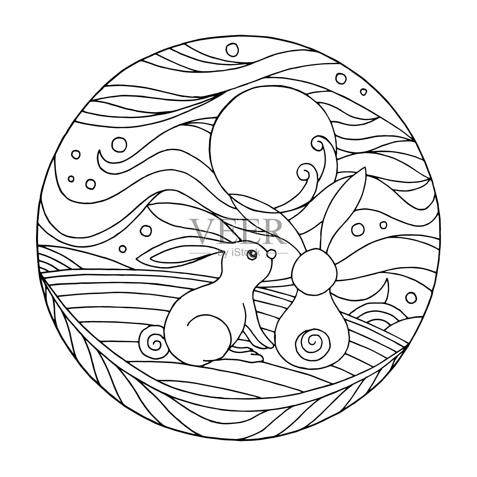 中秋、月亮节、兔花、圆月、矢量插画设计插画图片素材