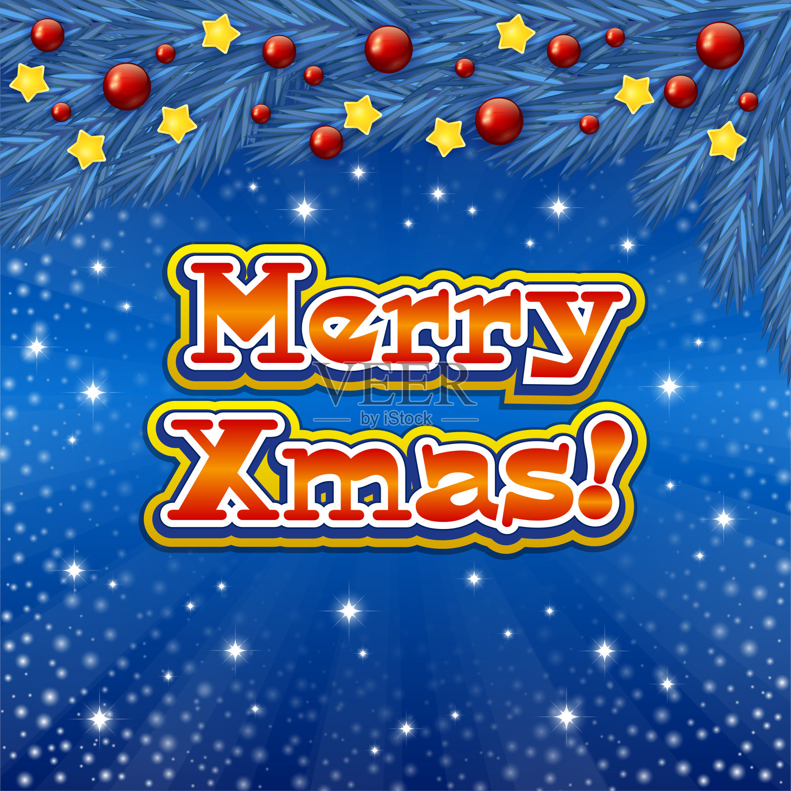 圣诞快乐，蓝色背景上的文字和星星插画图片素材