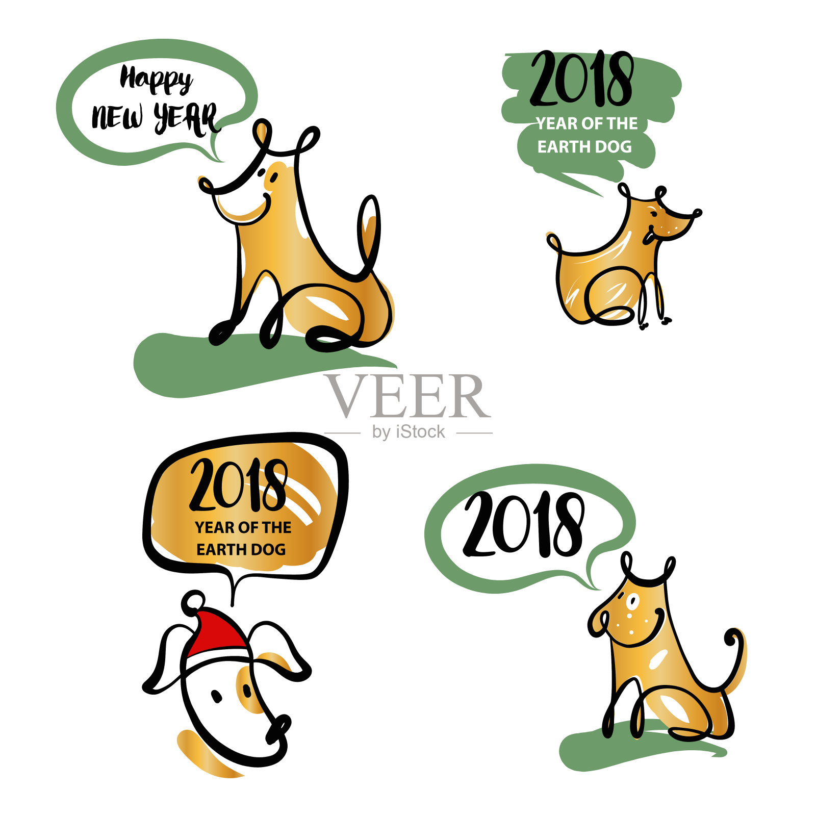 一套速写图片四只小狗狗。象征中国2018年新年快乐插画图片素材