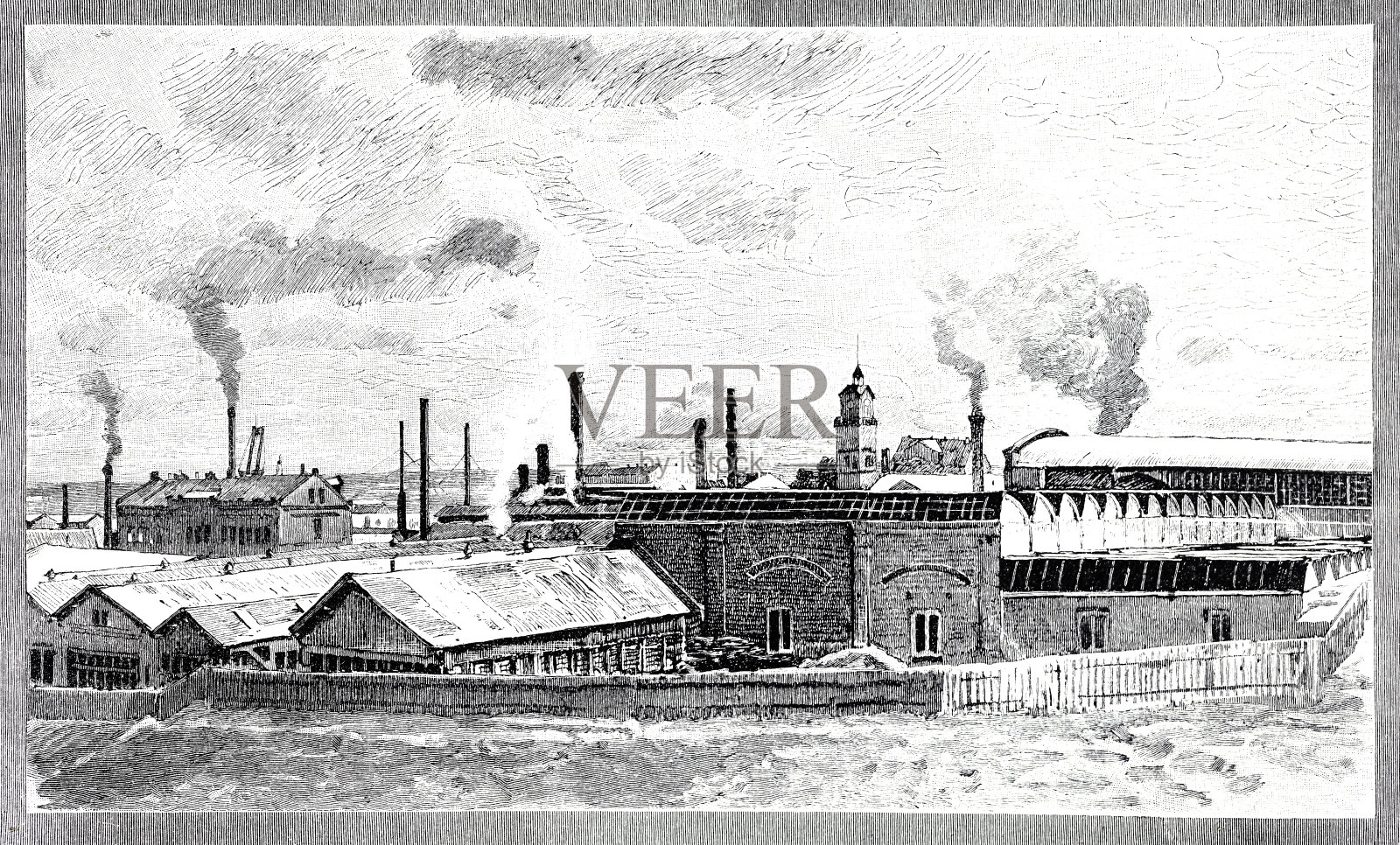 斯泰廷的工业区有许多烟囱插画图片素材