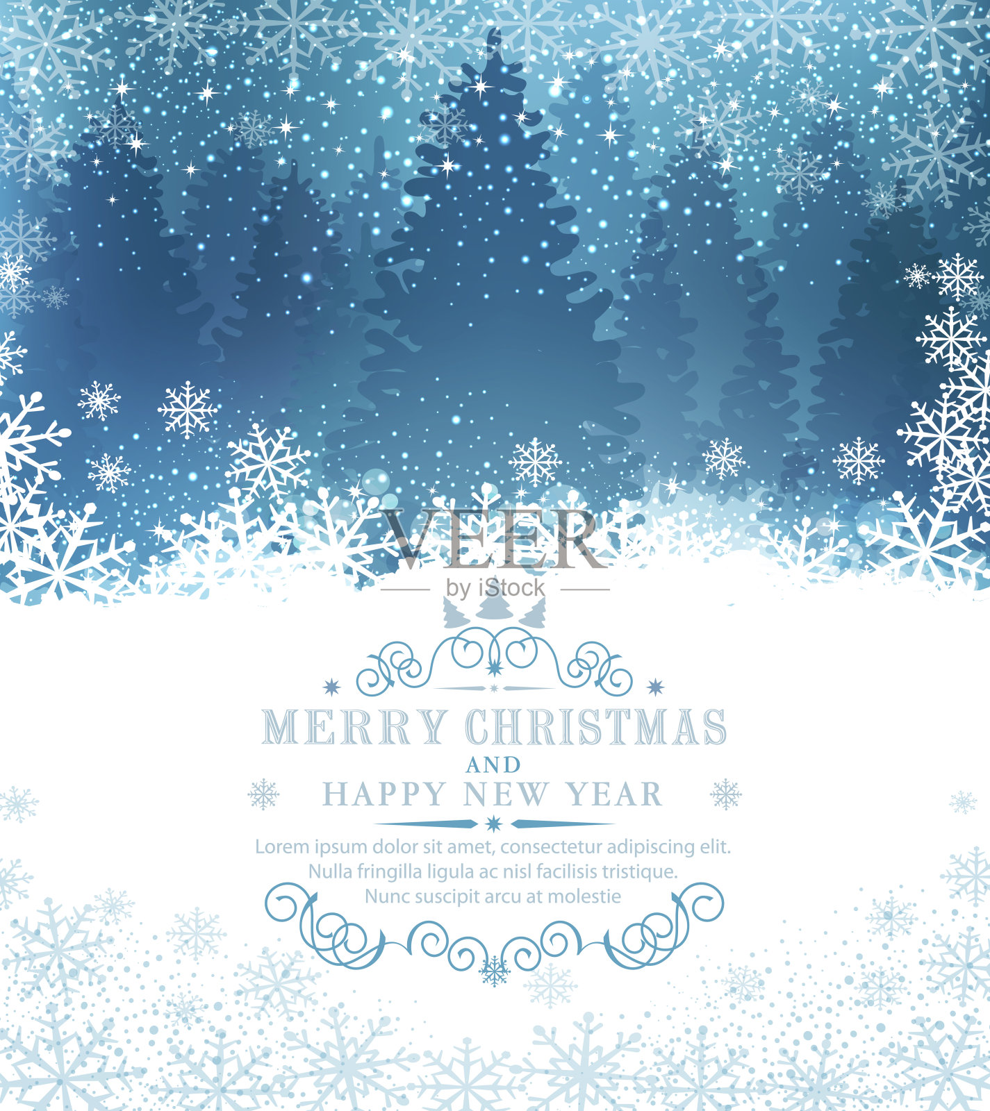 矢量插图圣诞快乐和新年快乐。贺卡与雪和雪花的背景下白雪覆盖的森林和云杉。为明信片，传单，祝贺小册子的优雅设计模板插画图片素材