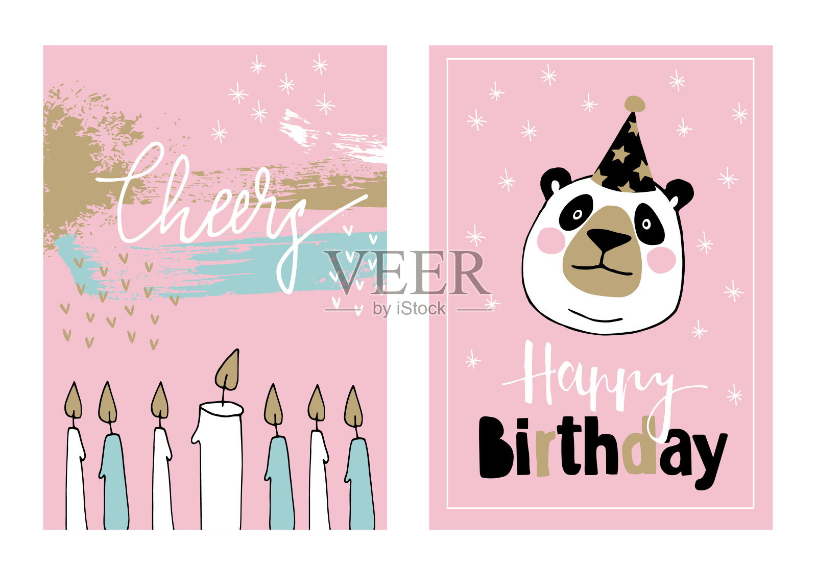 一套可爱的手绘生日或婴儿送礼贺卡，邀请大熊猫与派对帽和燃烧的蜡烛。背景矢量图插画图片素材