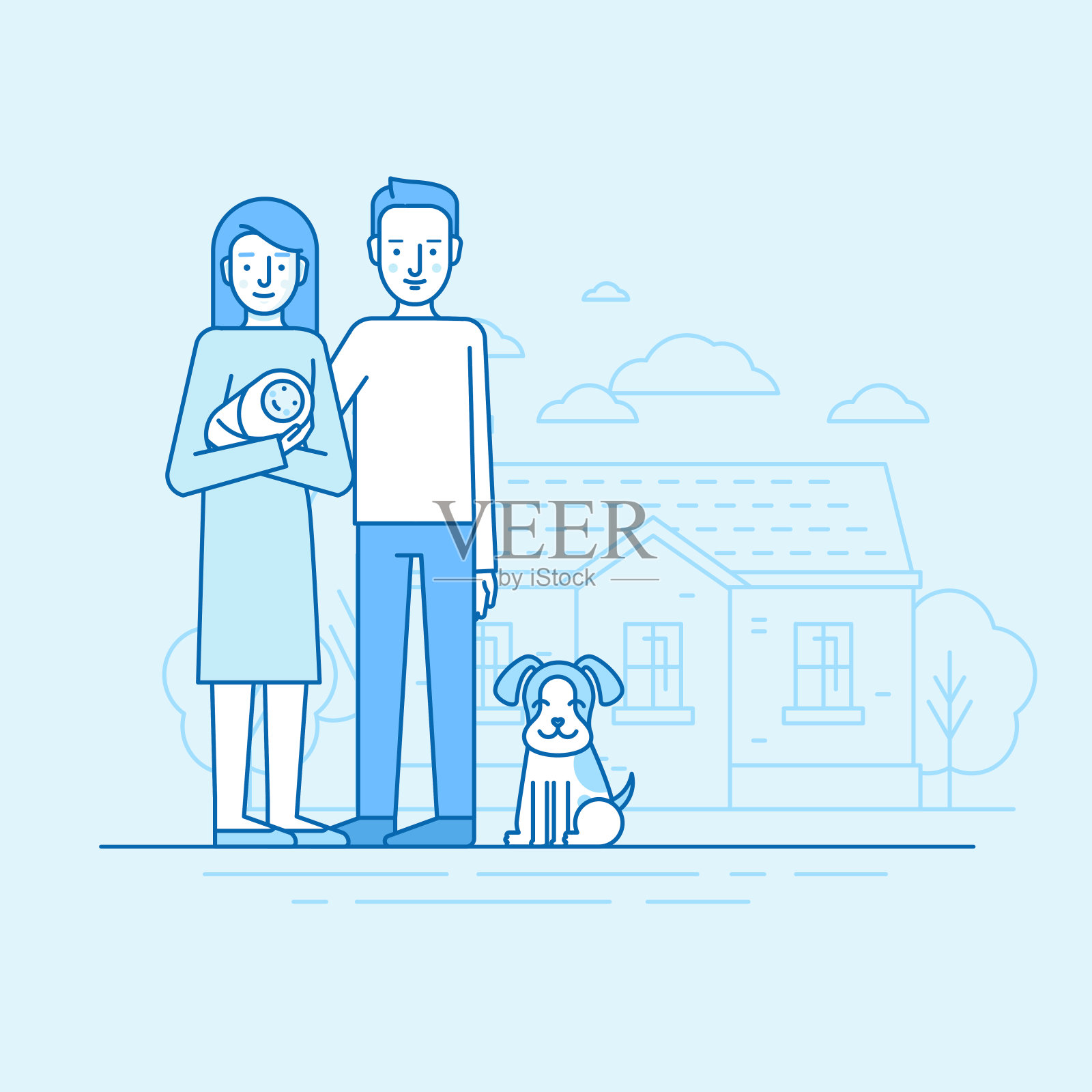 矢量平面线性插图在蓝色的幸福年轻的家庭插画图片素材