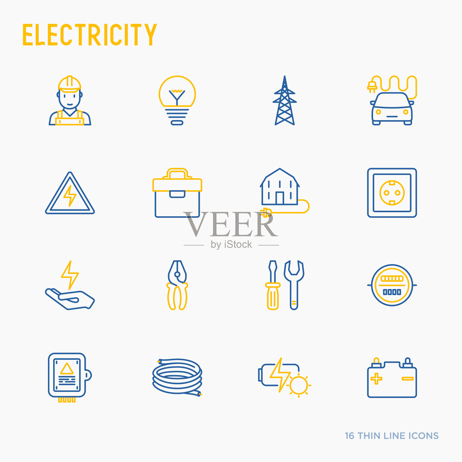 电细线图标集:电工，灯泡，电塔，工具箱，电缆，电动车，手，太阳能电池。矢量插图。图标素材