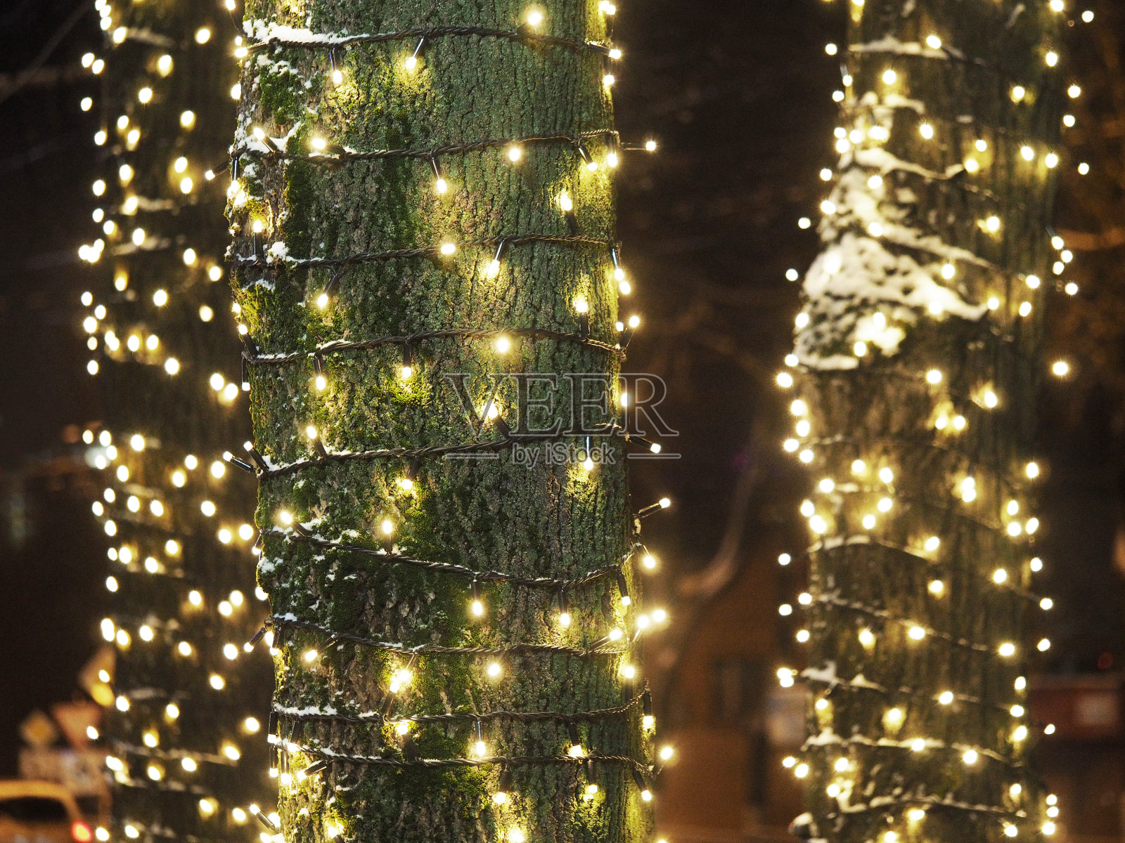 用新年花环包裹的树干。圣诞装饰品。圣诞灯照片摄影图片