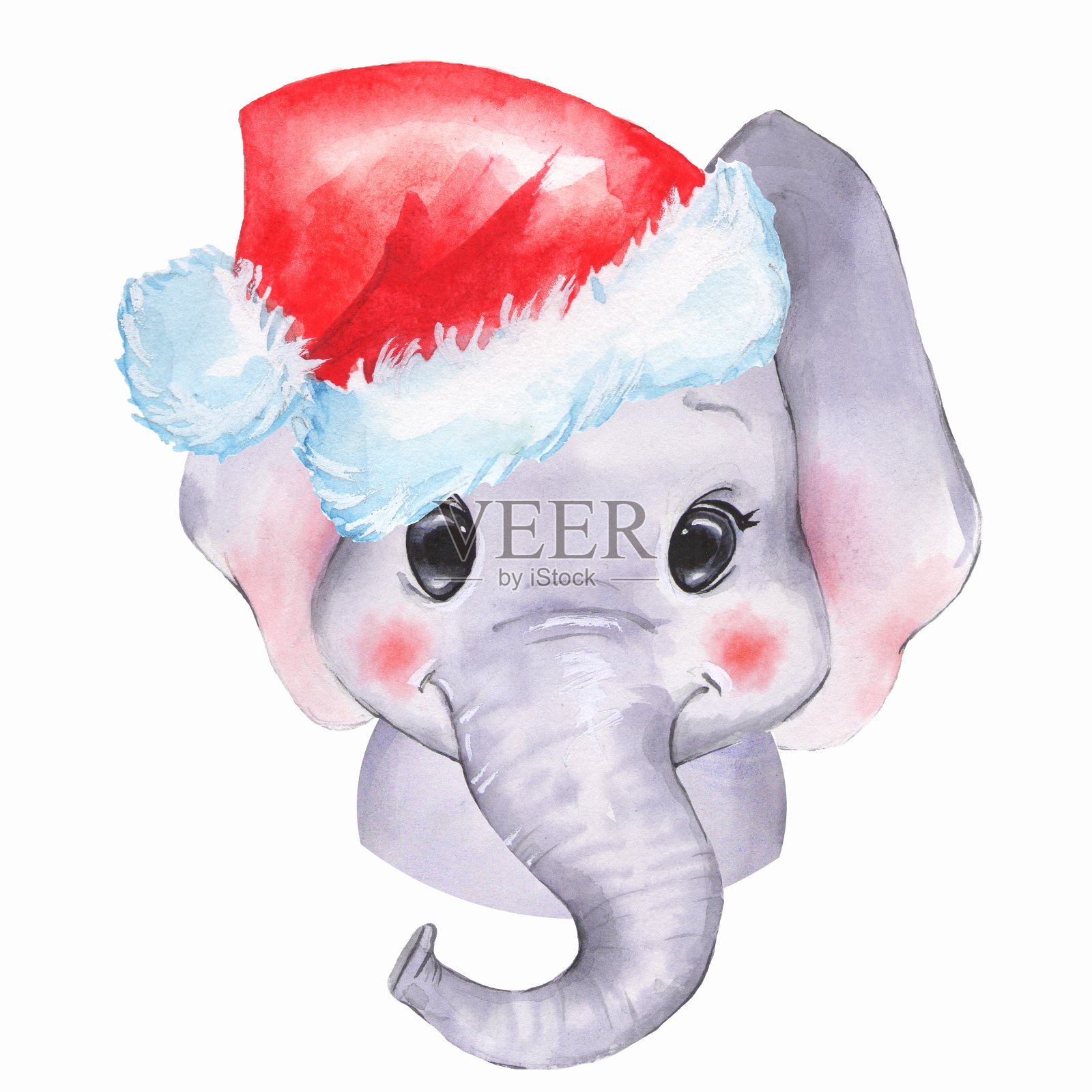 戴着圣诞老人帽子的水彩画大象插画图片素材