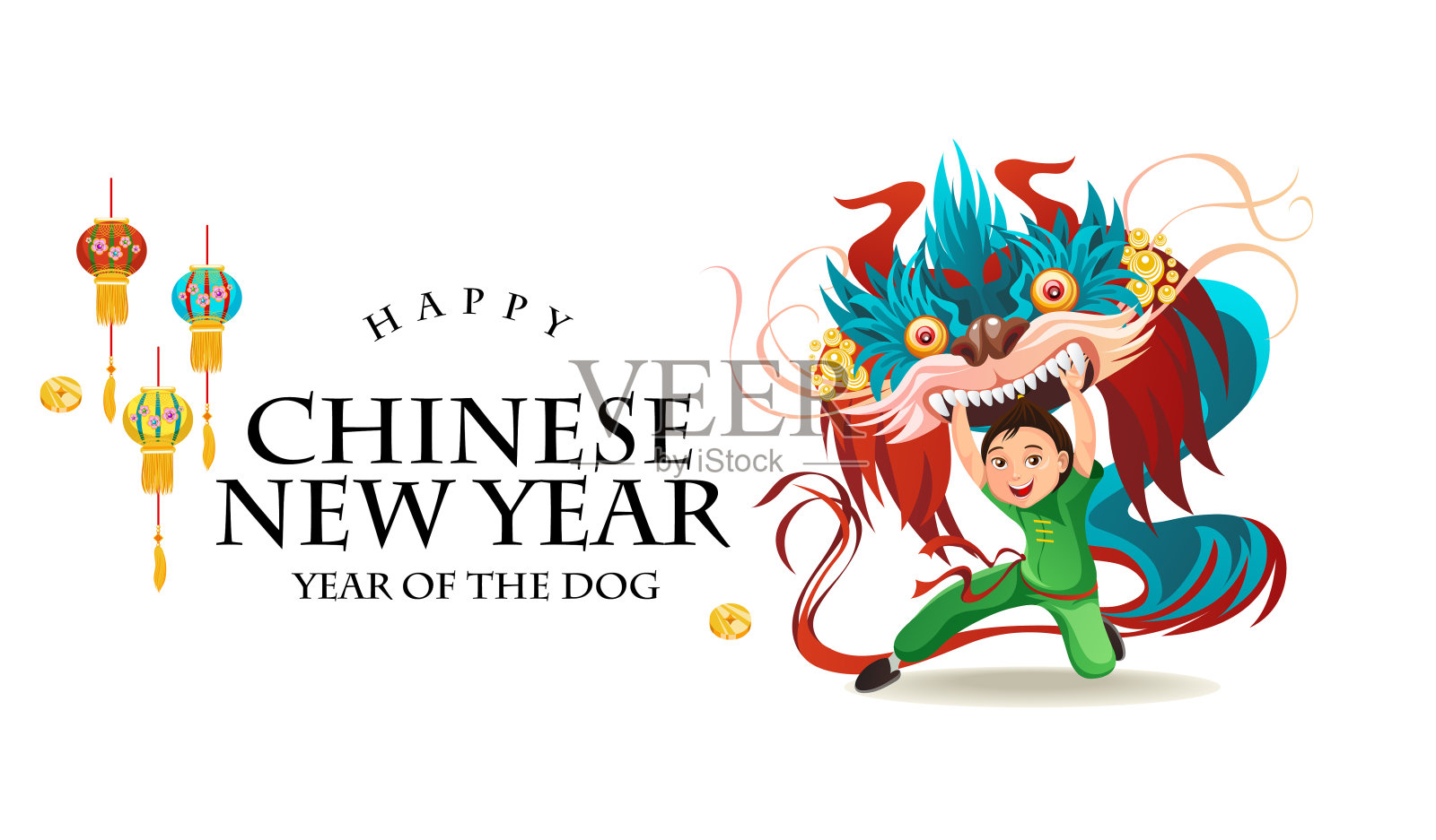中国农历新年舞狮大战孤立在白色背景下，快乐的舞者在中国传统服装手持五颜六色的龙面具在游行或狂欢节，卡通风格矢量插图设计元素图片