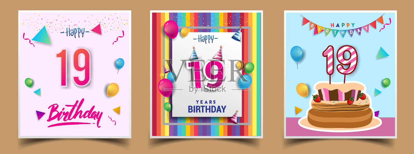 矢量组生日邀请，贺卡设计，与五彩纸屑和气球，生日蛋糕，彩色矢量模板元素为您的生日庆祝会。设计模板素材