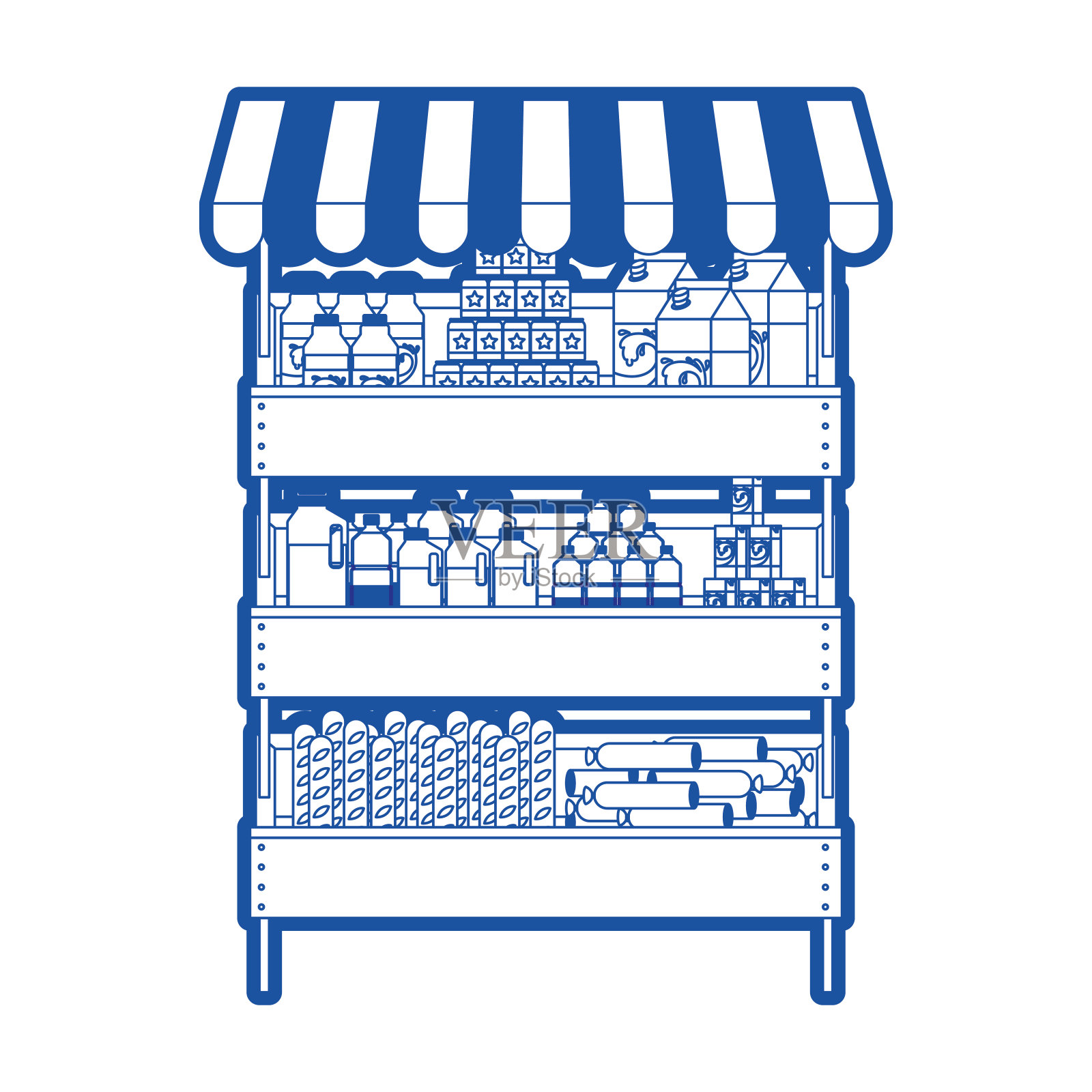 超市货架上五颜六色的食物和饮料在蓝色剪影插画图片素材