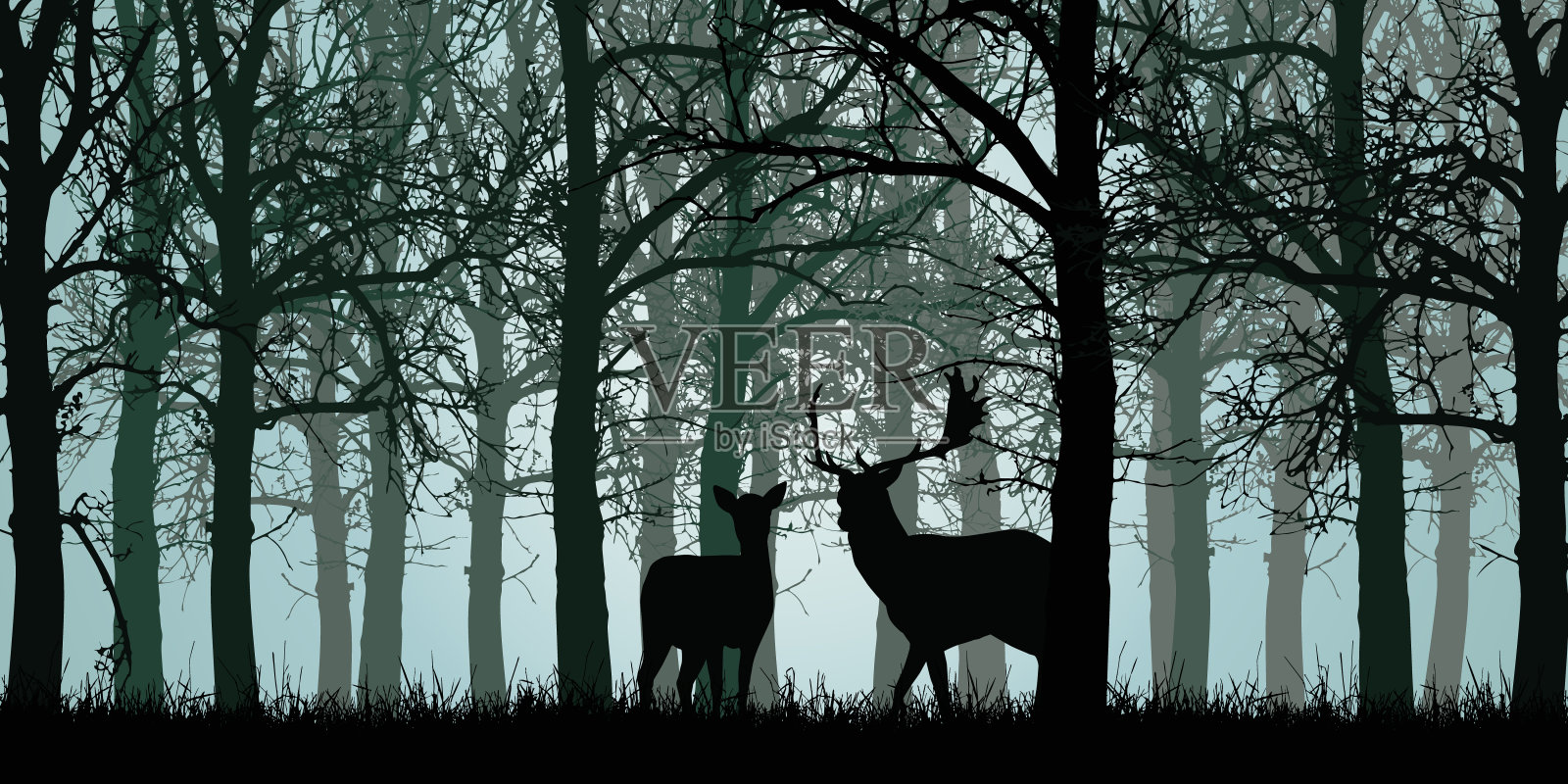 矢量插图的鹿和后站在绿色森林的草没有树叶与树枝插画图片素材