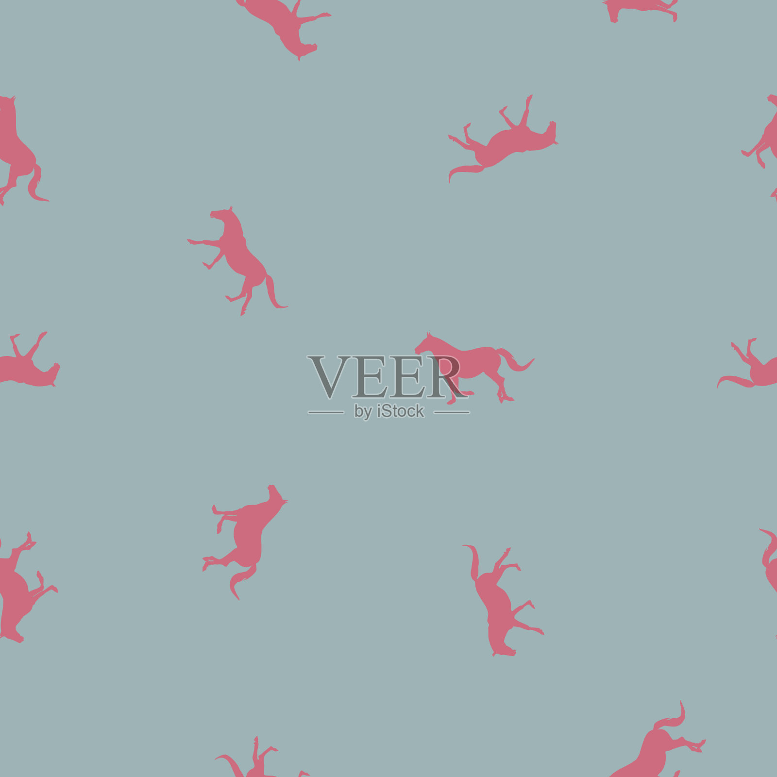 无缝图案小粉红马在灰色，柔和的颜色插画图片素材