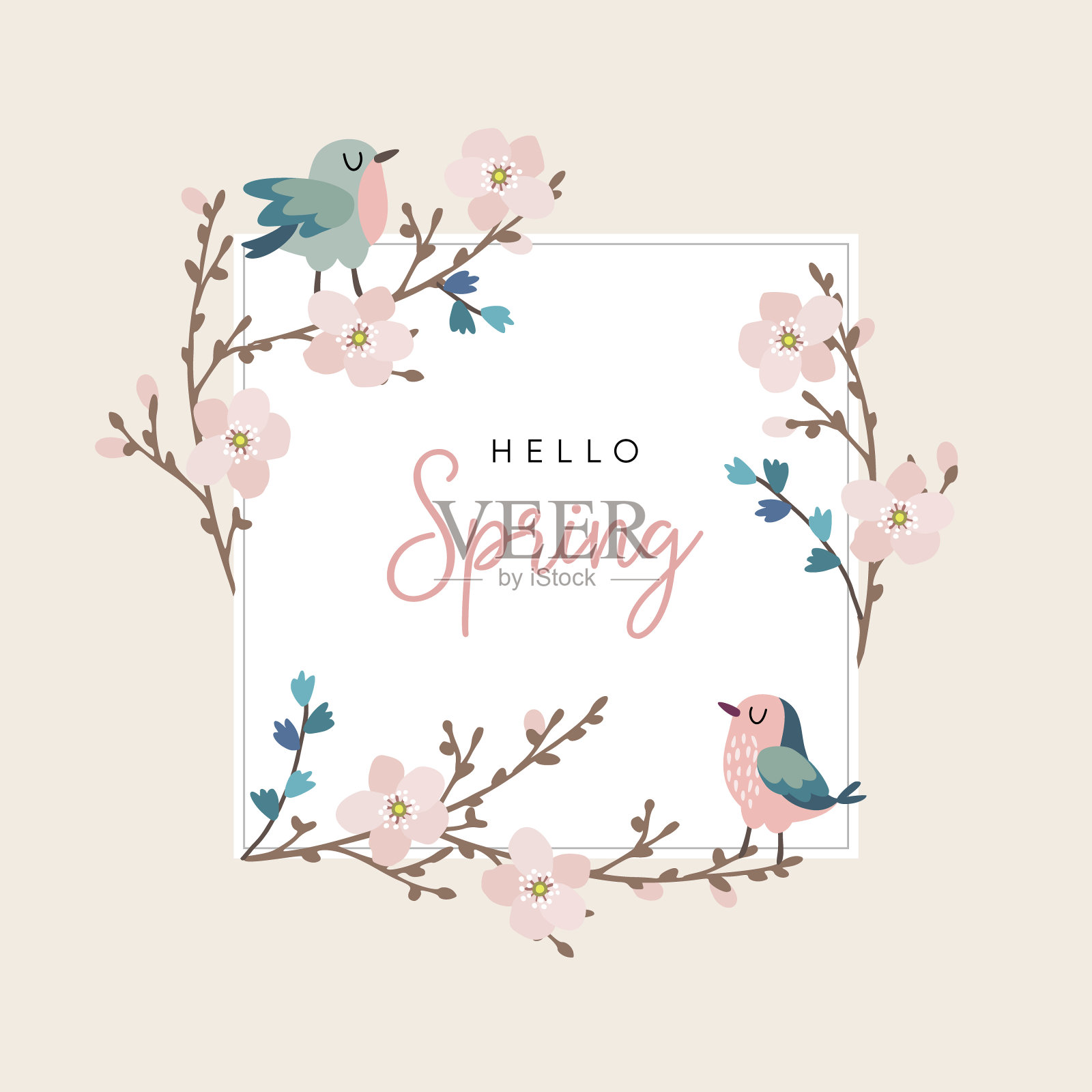 你好春天贺卡，邀请可爱的手绘小鸟和樱桃树枝与粉红色的花朵。复活节的概念。背景矢量图设计模板素材