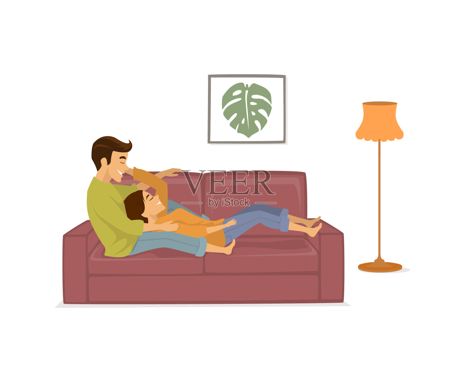 浪漫的夫妇在爱放松在沙发上在家孤立的矢量插图插画图片素材