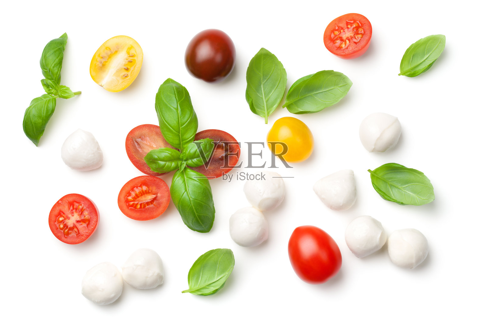 番茄，罗勒和马苏里拉分离在白色背景照片摄影图片