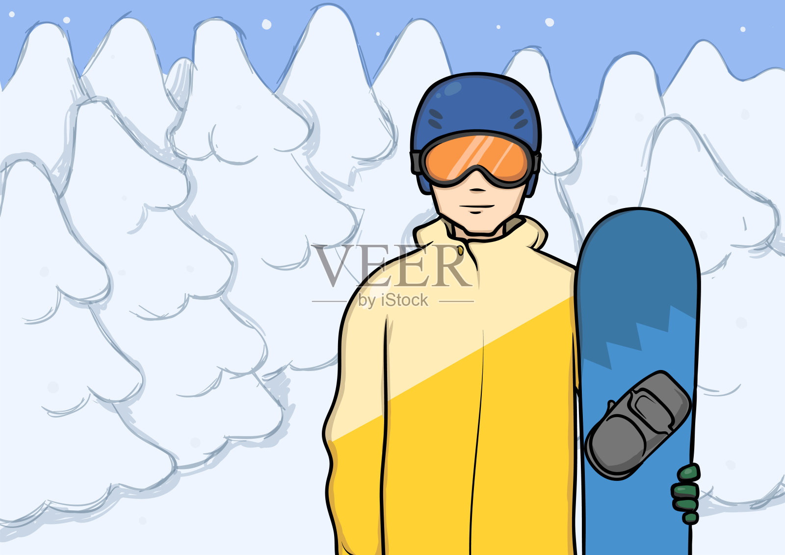 一个年轻人拿着滑雪板站在雪地里。单板滑雪，极限运动，积极的娱乐活动。矢量插图。插画图片素材