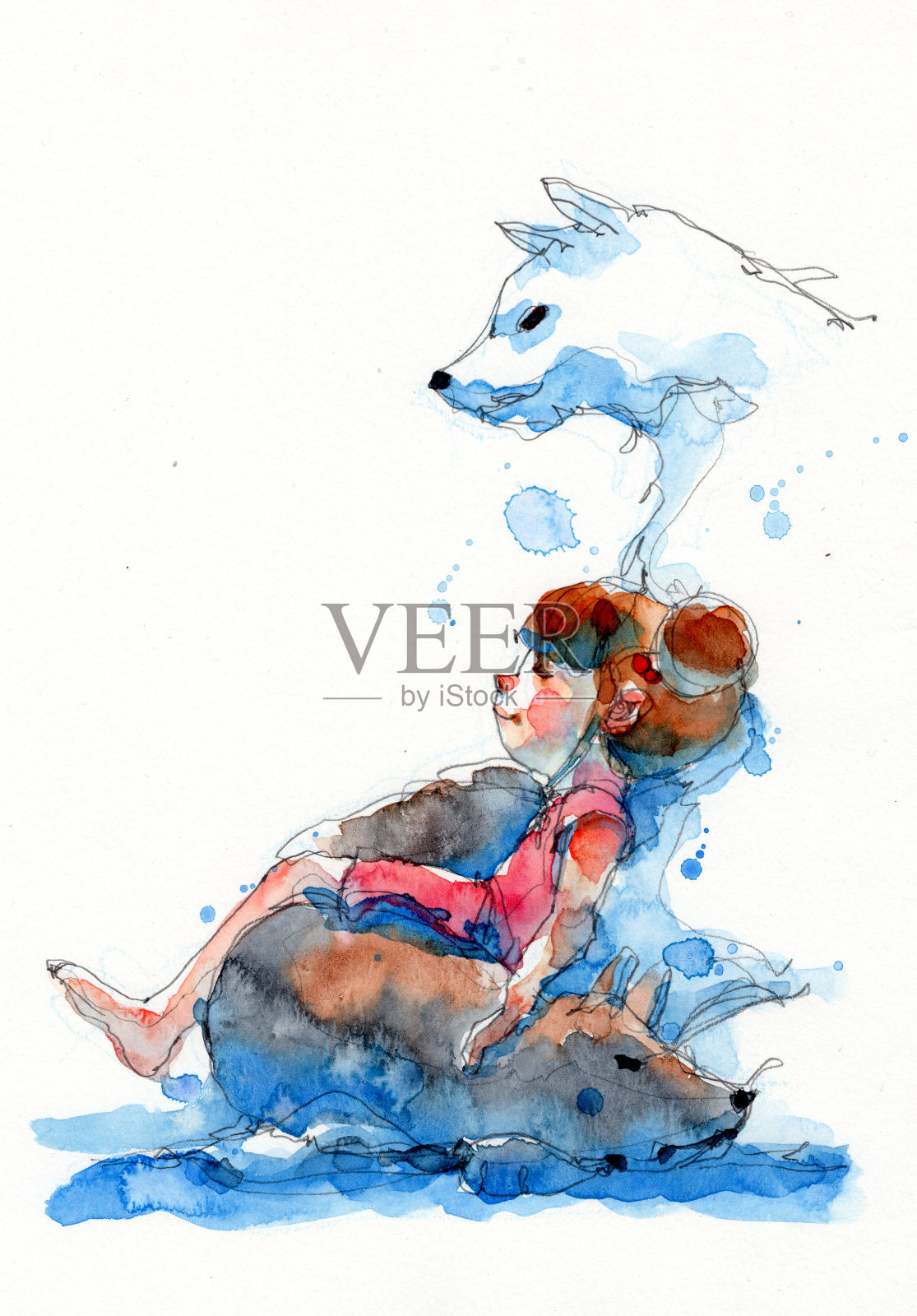 水彩画插图一套女孩在中国服装和她的狗，手绘在纸上插画图片素材