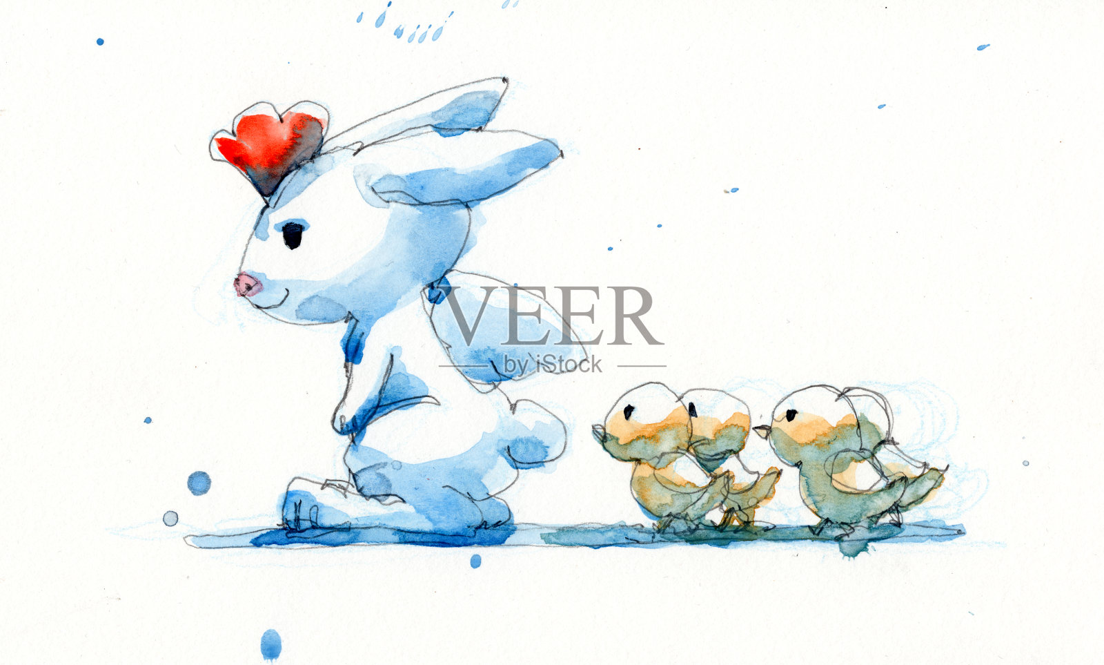 水彩画插图一套在母鸡服装的兔子和小小鸡，手绘在纸上插画图片素材