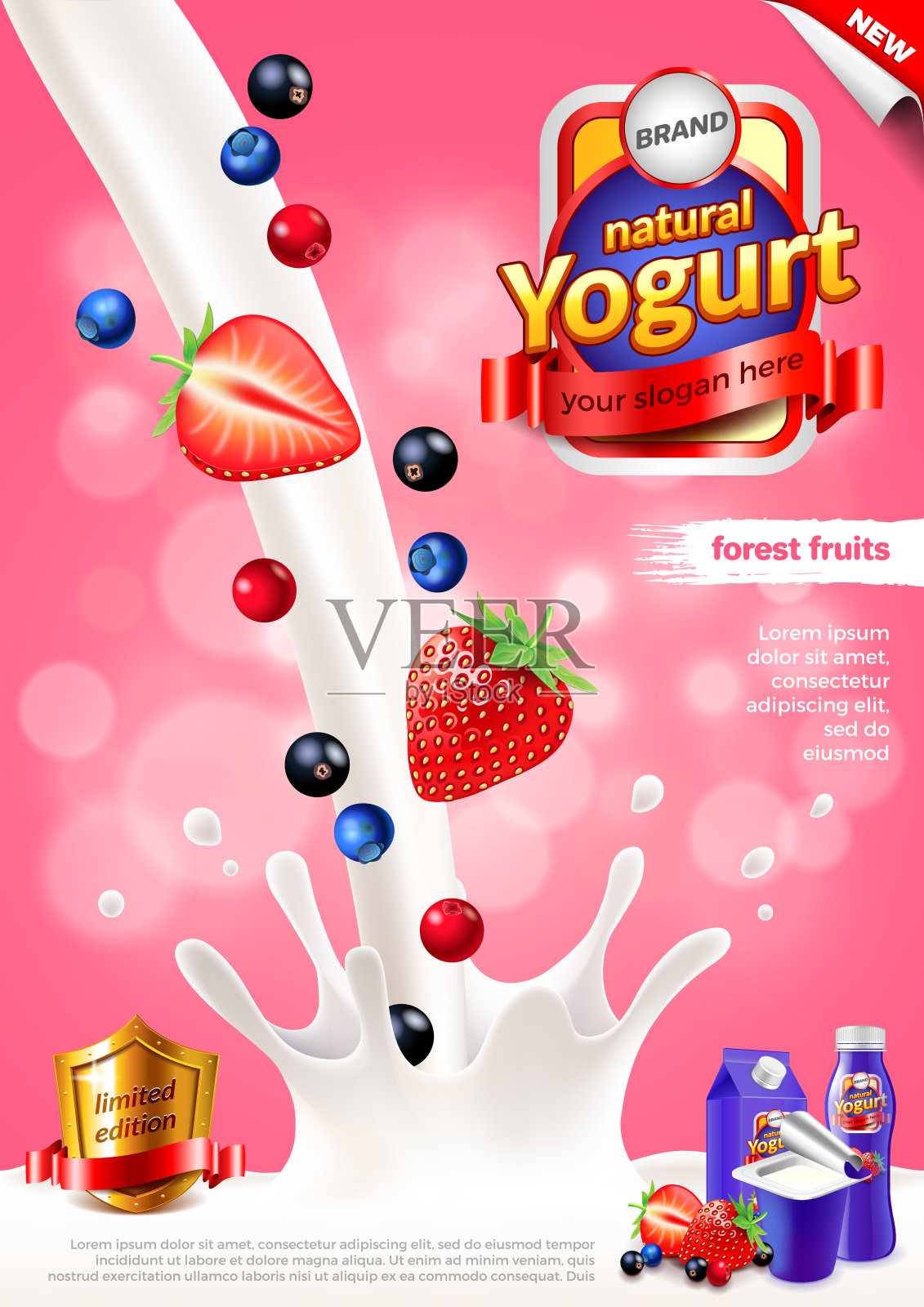 酸奶广告。倒牛奶和森林水果矢量背景插画图片素材